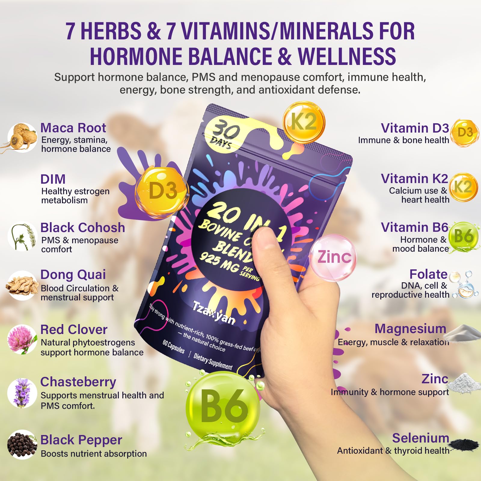 tzaxyan Beef Organ Supplement for Women back view showing supplement facts