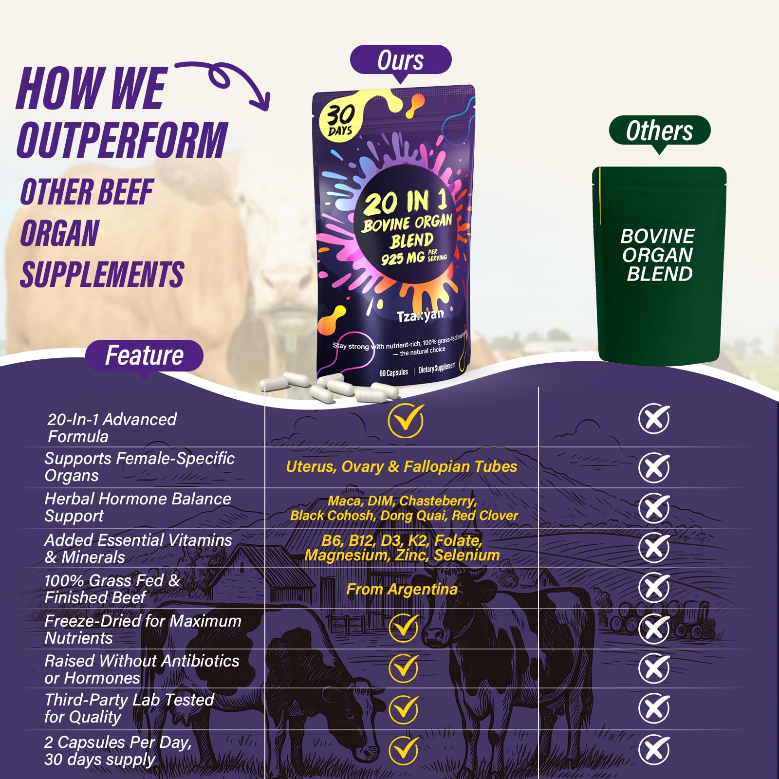 tzaxyan Beef Organ Supplement for Women on a wooden table