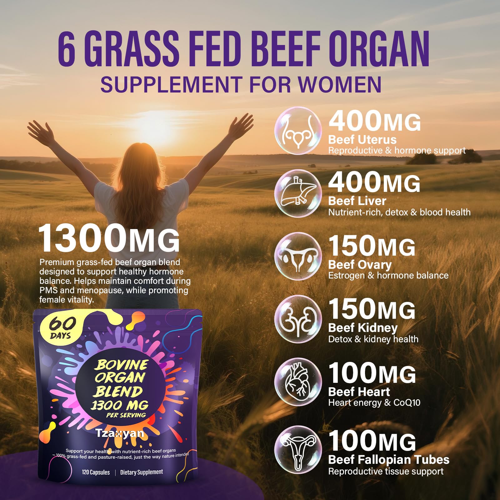 tzaxyan Female-Focused Beef Organ Supplement capsules on a wooden table