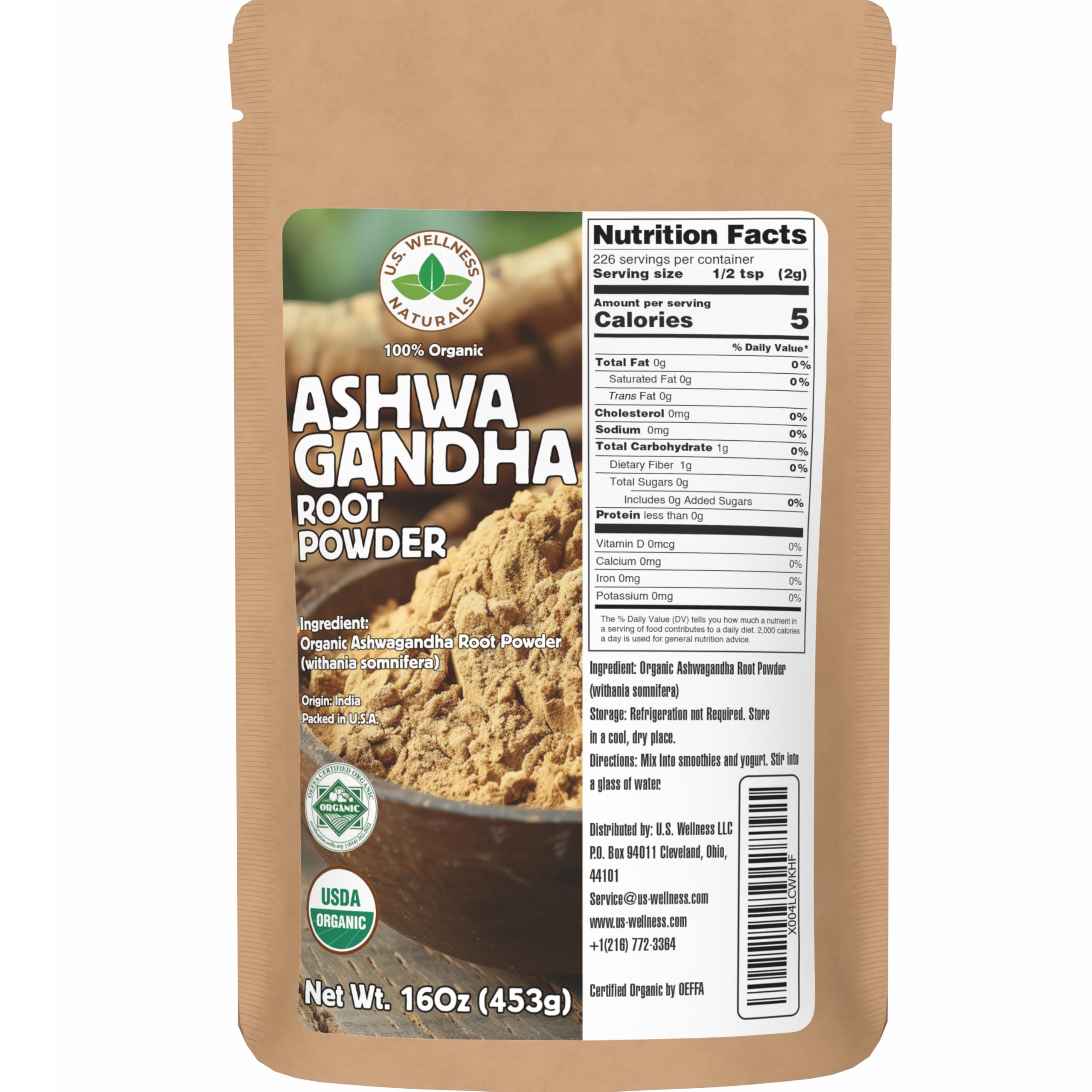 U.S. Wellness Naturals Organic Ashwagandha Root Powder front view