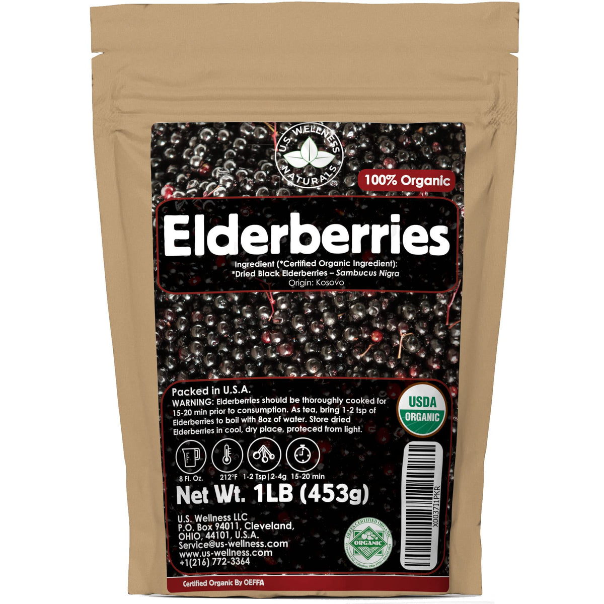 U.S. Wellness Naturals Organic Dried Elderberries 454g front view