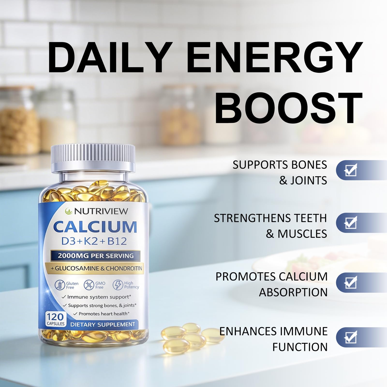 Uagain NutriView Calcium D3 K2 B12 Softgels side view showing softgel