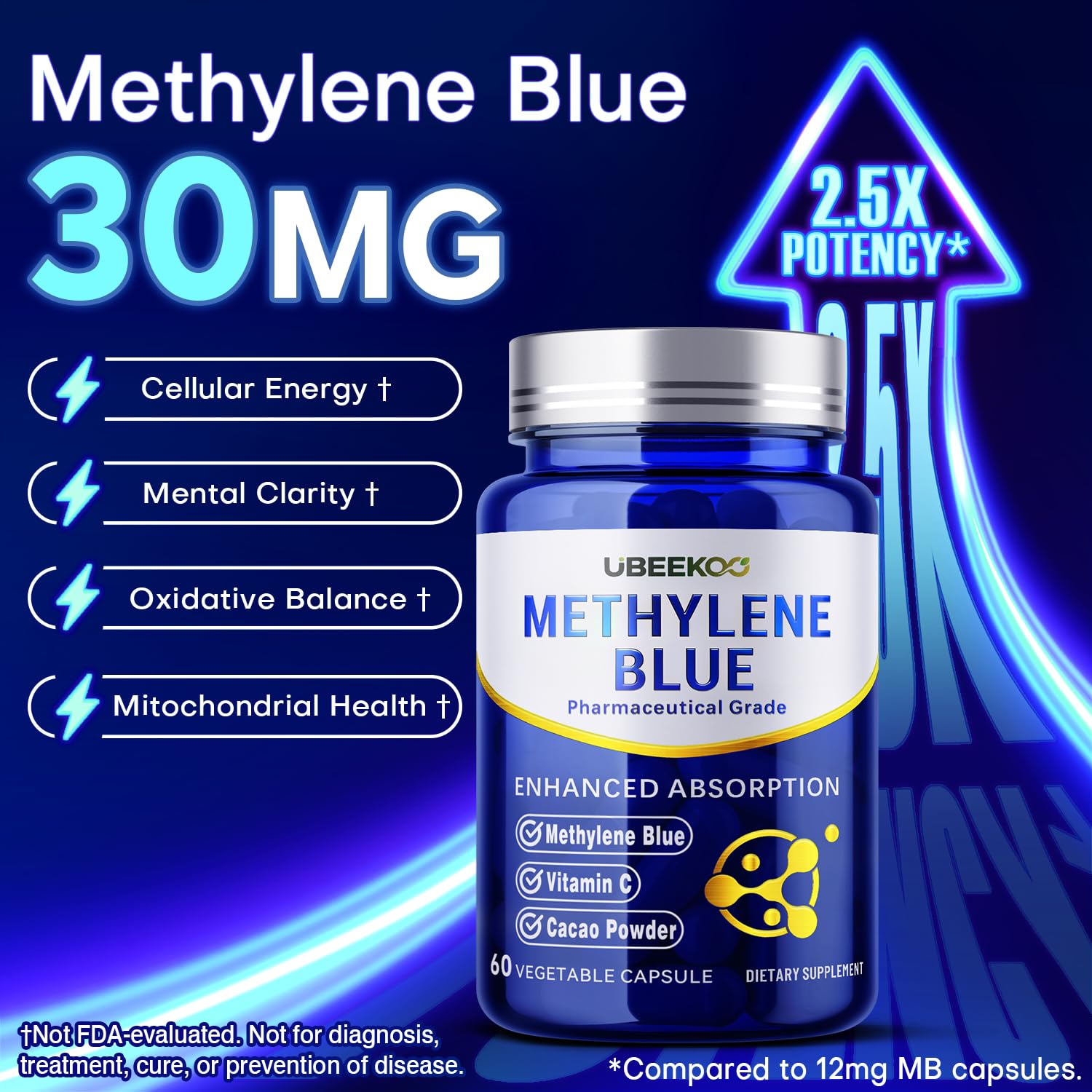 UBEEKOO Methylene Blue Supplement 30mg capsule side view