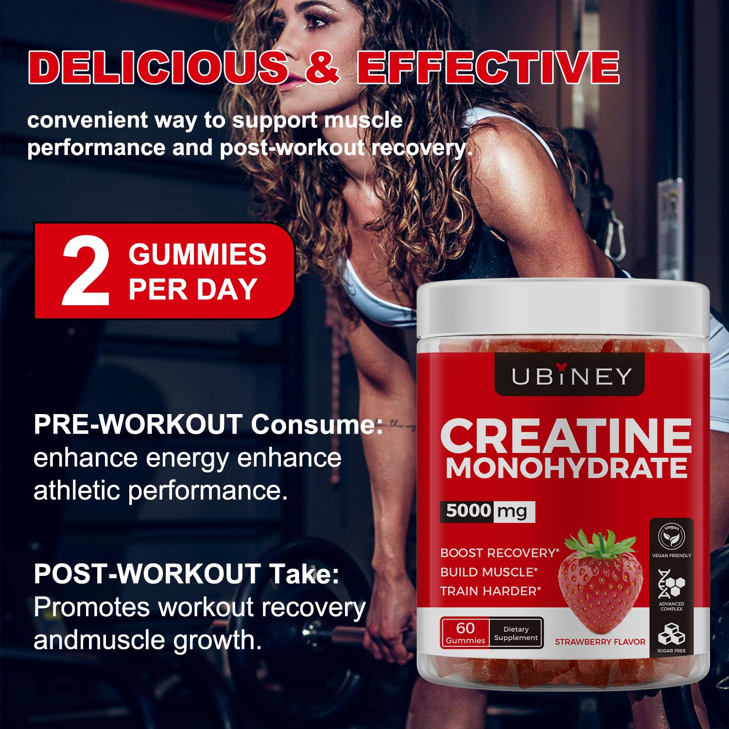 Ubiney Creatine Gummies 5000mg strawberry flavour close-up