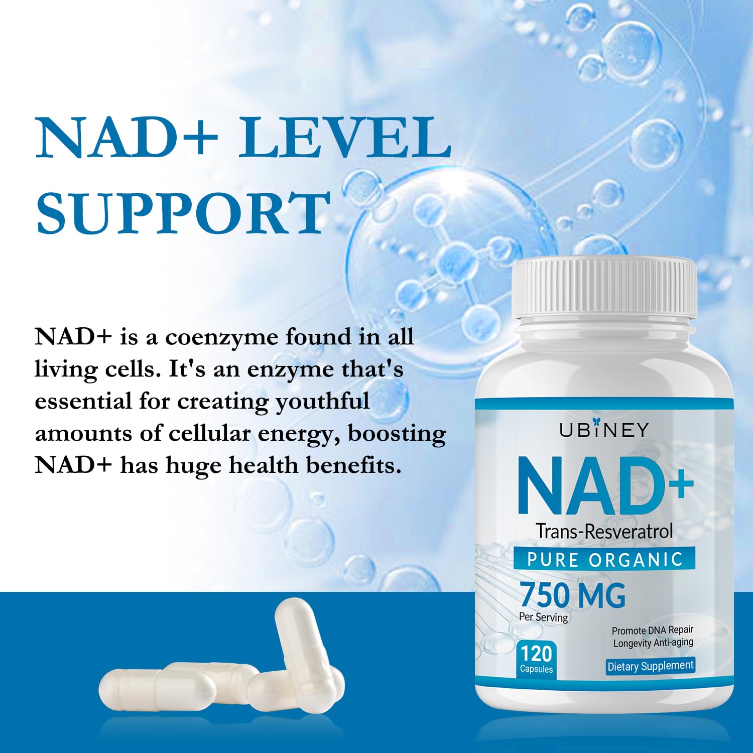 Ubiney NAD+ Supplement 750mg back view with ingredient list