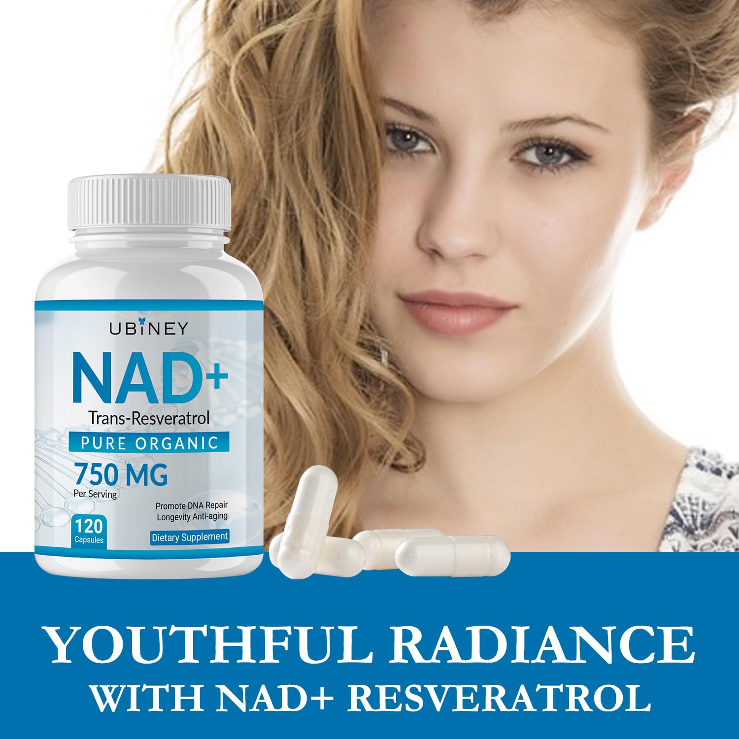 Ubiney NAD+ Supplement 750mg packaging with dosage information