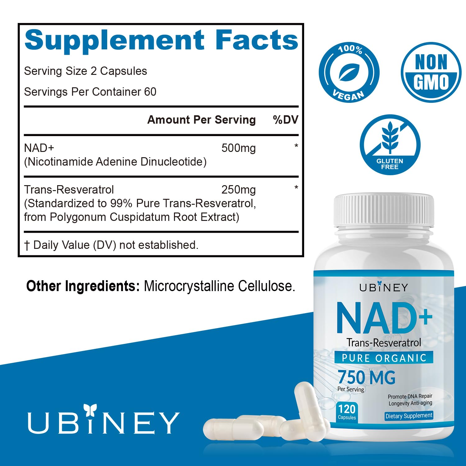 Ubiney NAD+ Supplement 750mg side view showing capsules