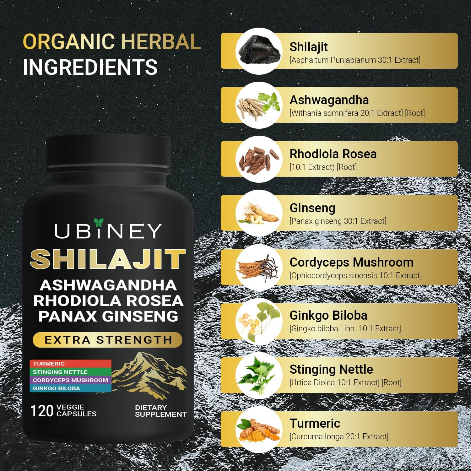 Ubiney Shilajit Capsules bottle with natural ingredients