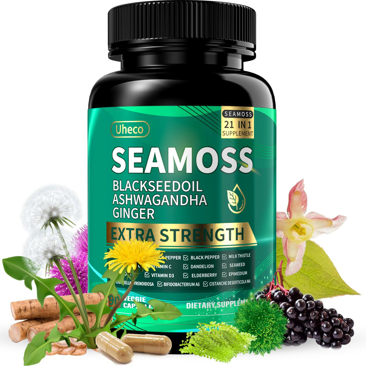 Uheco Sea Moss Capsules 21-in-1 Superfood Supplement front view