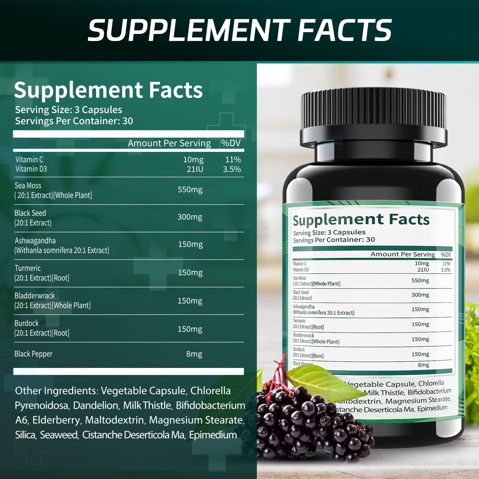 Uheco Sea Moss Capsules 21-in-1 Supplement bottle side view