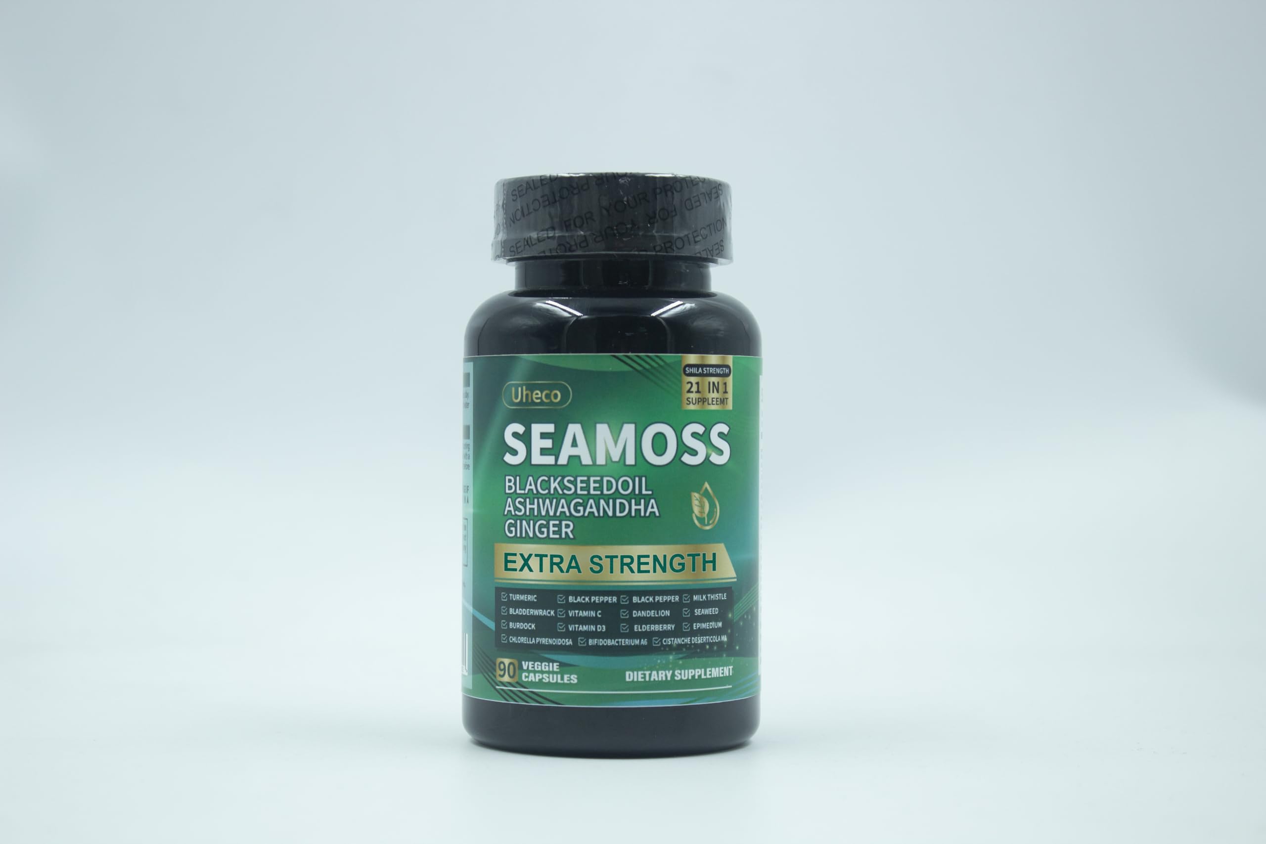Uheco Sea Moss Capsules displayed with fresh sea moss