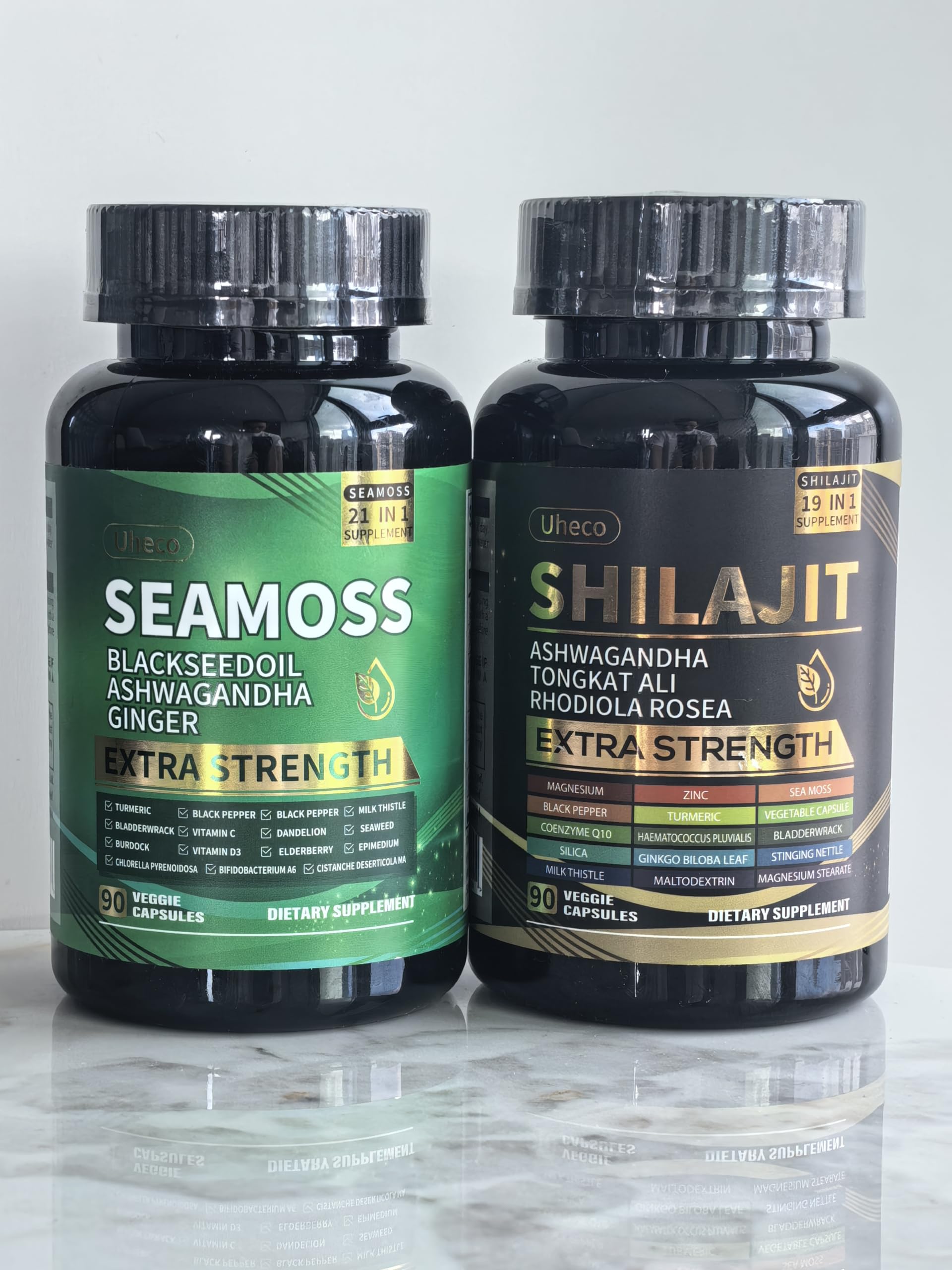 Uheco Sea Moss capsules open bottle with capsules visible