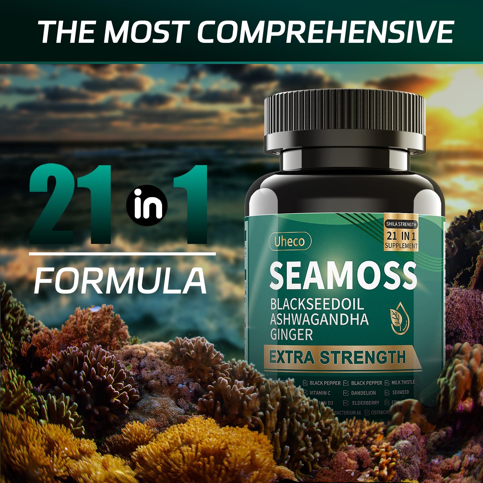 Uheco Sea Moss Capsules showing the capsule size