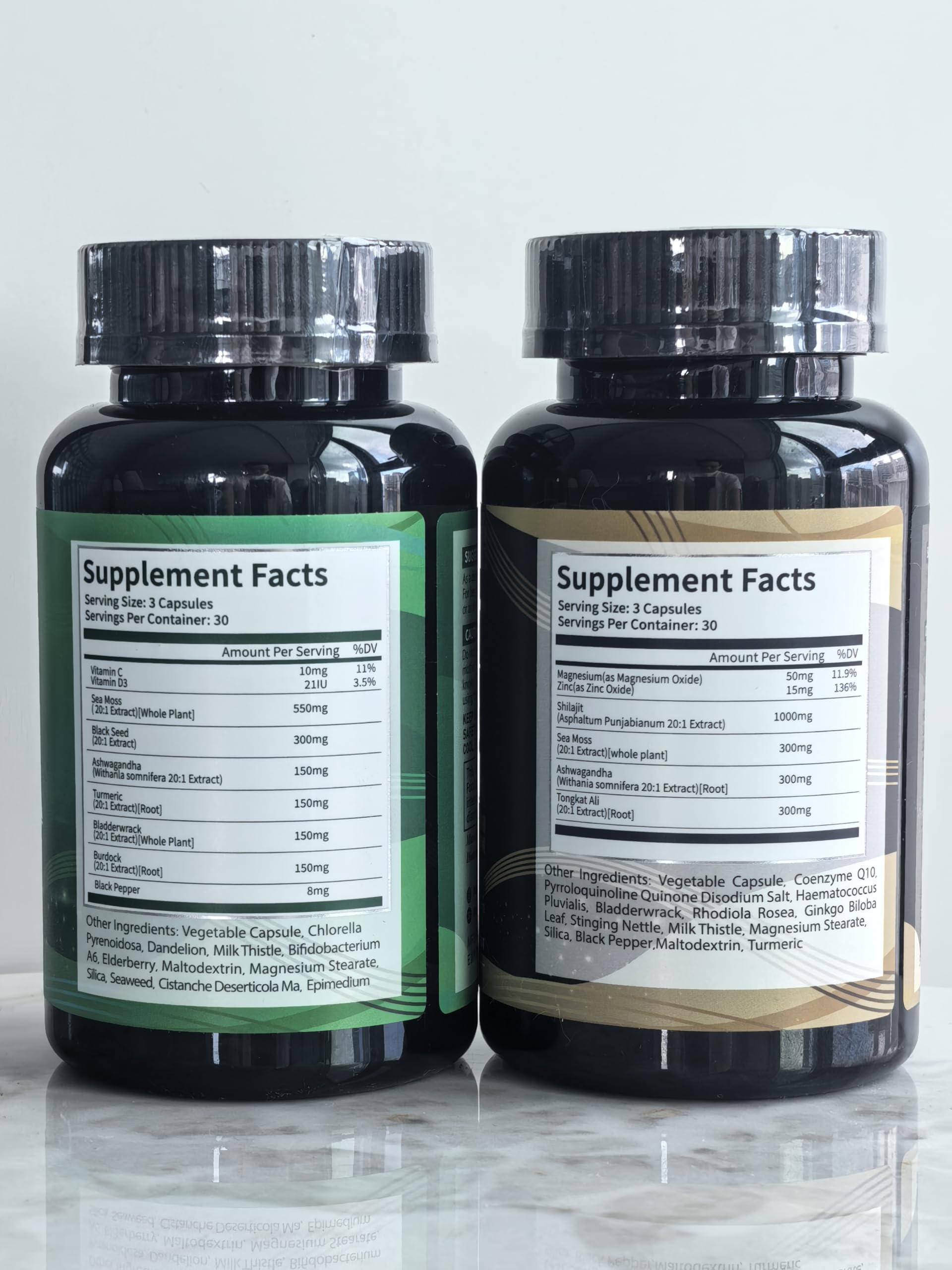 Uheco Shilajit and Sea Moss capsules duo on a wooden table