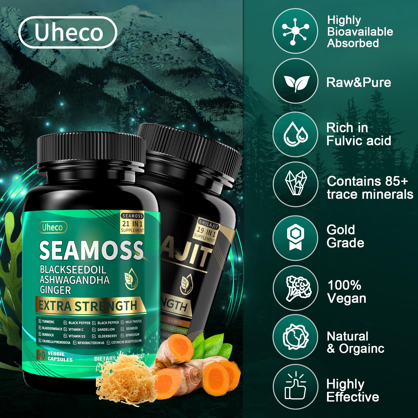 Uheco Shilajit capsules open bottle with capsules visible