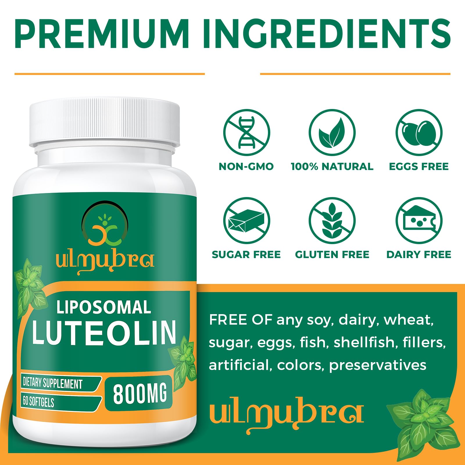 Ulmubra Liposomal Luteolin 800mg Softgels packaging details