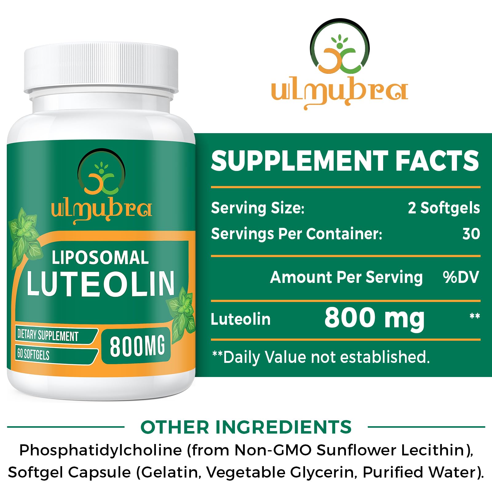 Ulmubra Liposomal Luteolin Softgels 800mg with measuring spoon