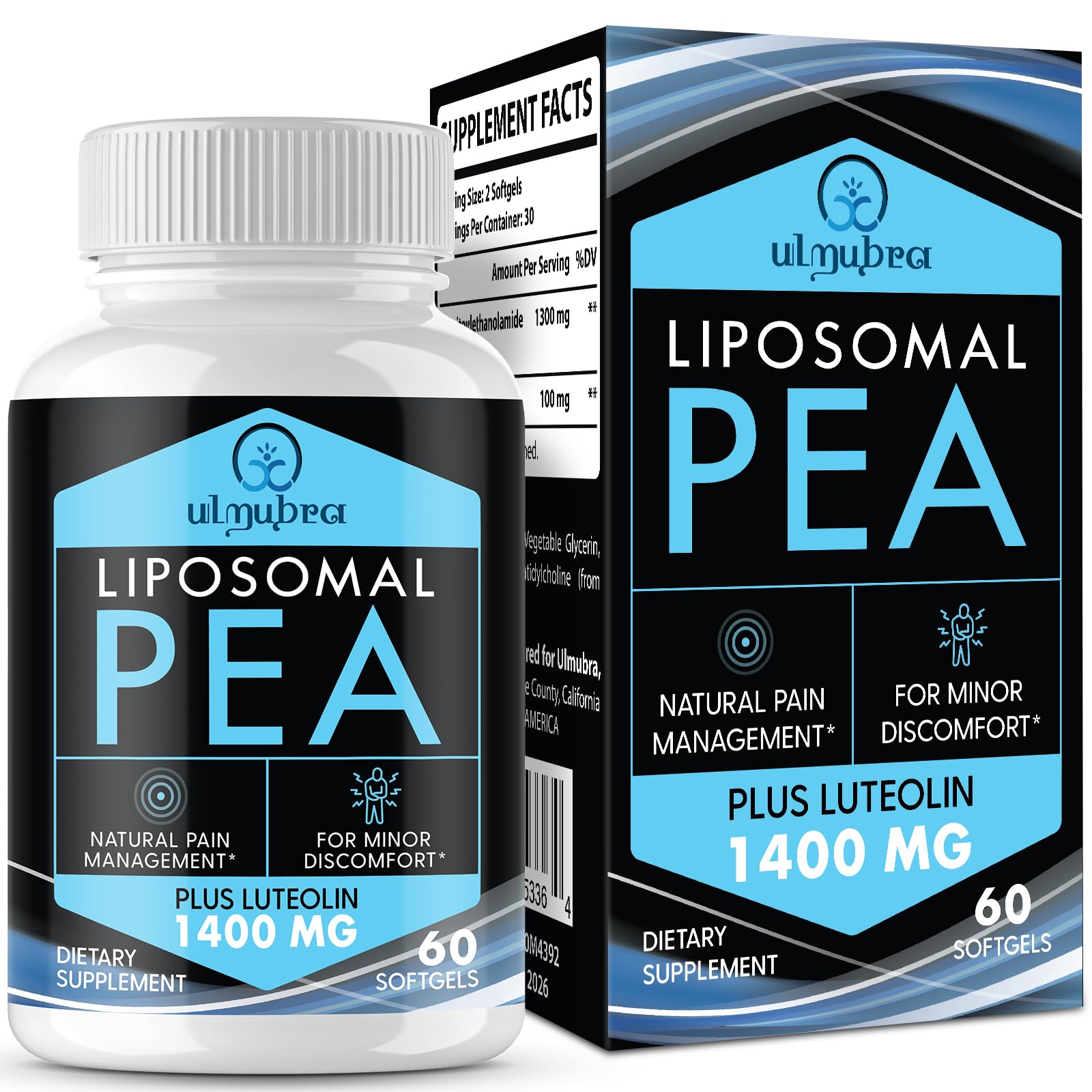 Ulmubra Liposomal PEA Supplement front view with softgel capsules