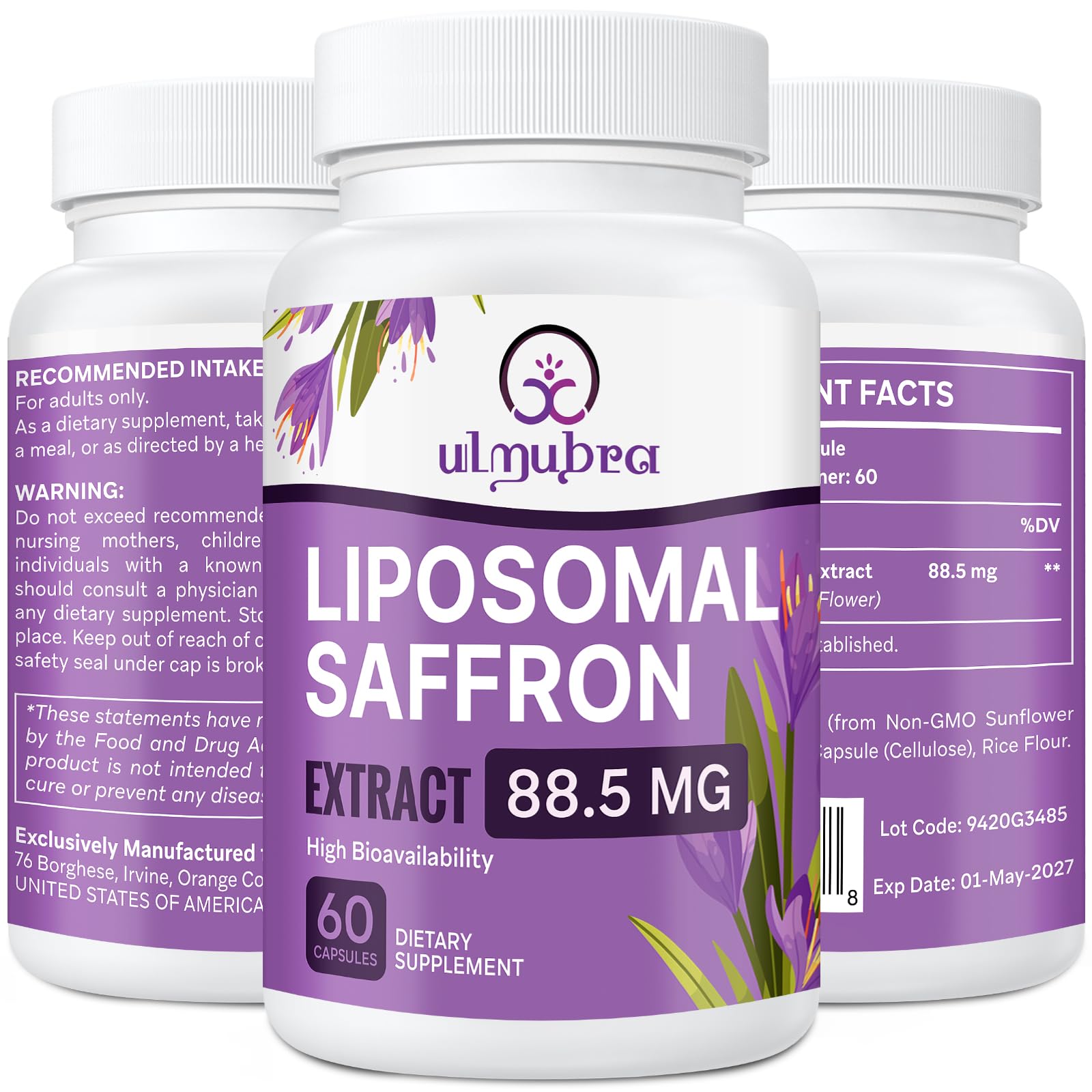 Ulmubra Saffron Supplement 88.5mg capsule bottle front view