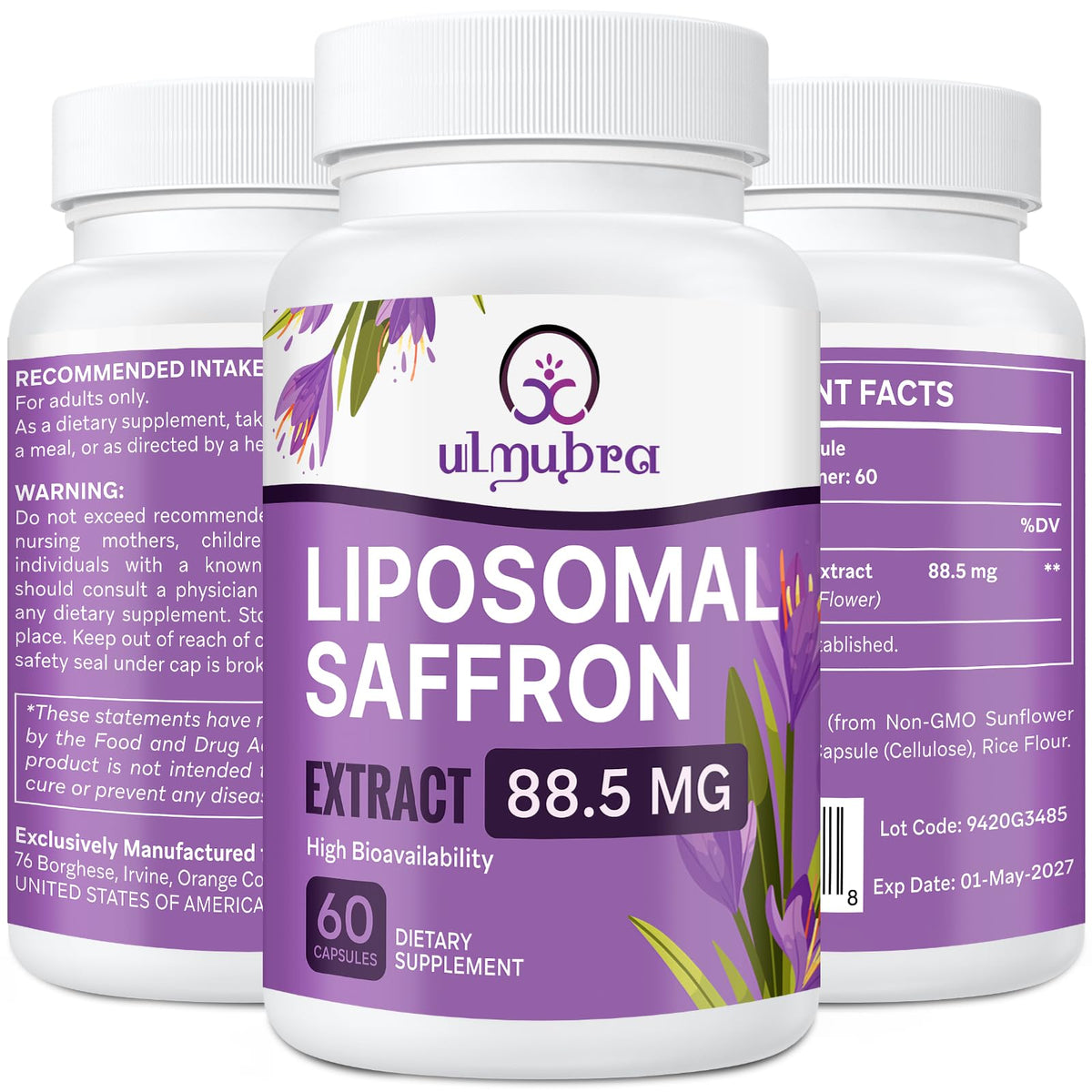 Ulmubra Saffron Supplement 88.5mg capsule bottle front view