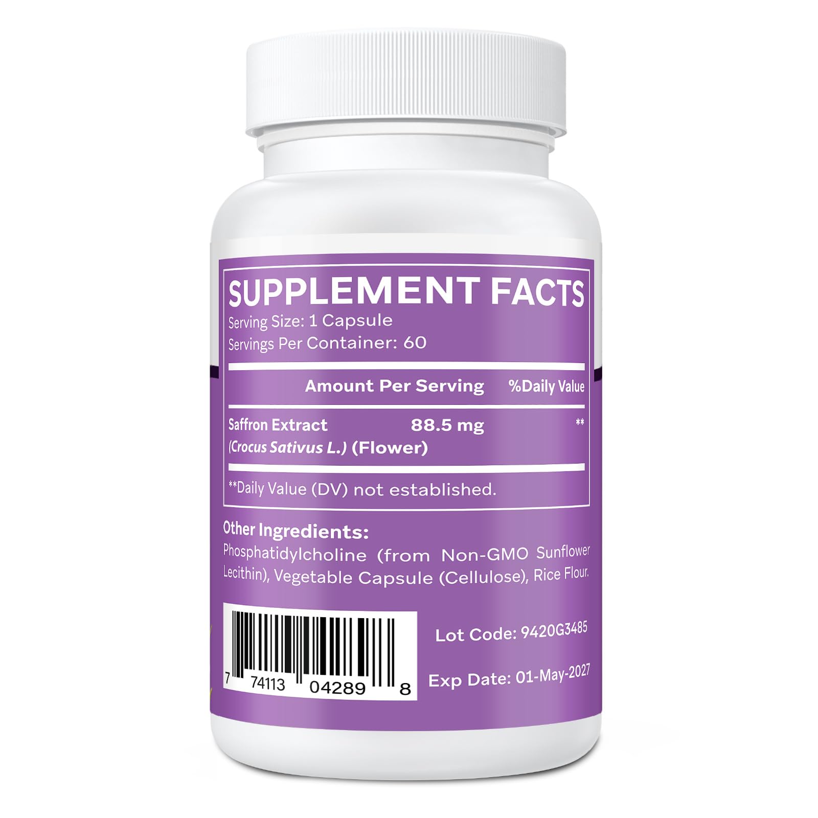 Ulmubra Saffron Supplement 88.5mg capsules side view