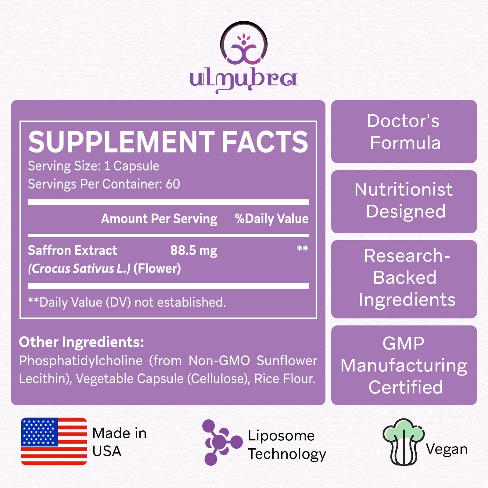 Ulmubra Saffron Supplement 88.5mg capsules with lifestyle background