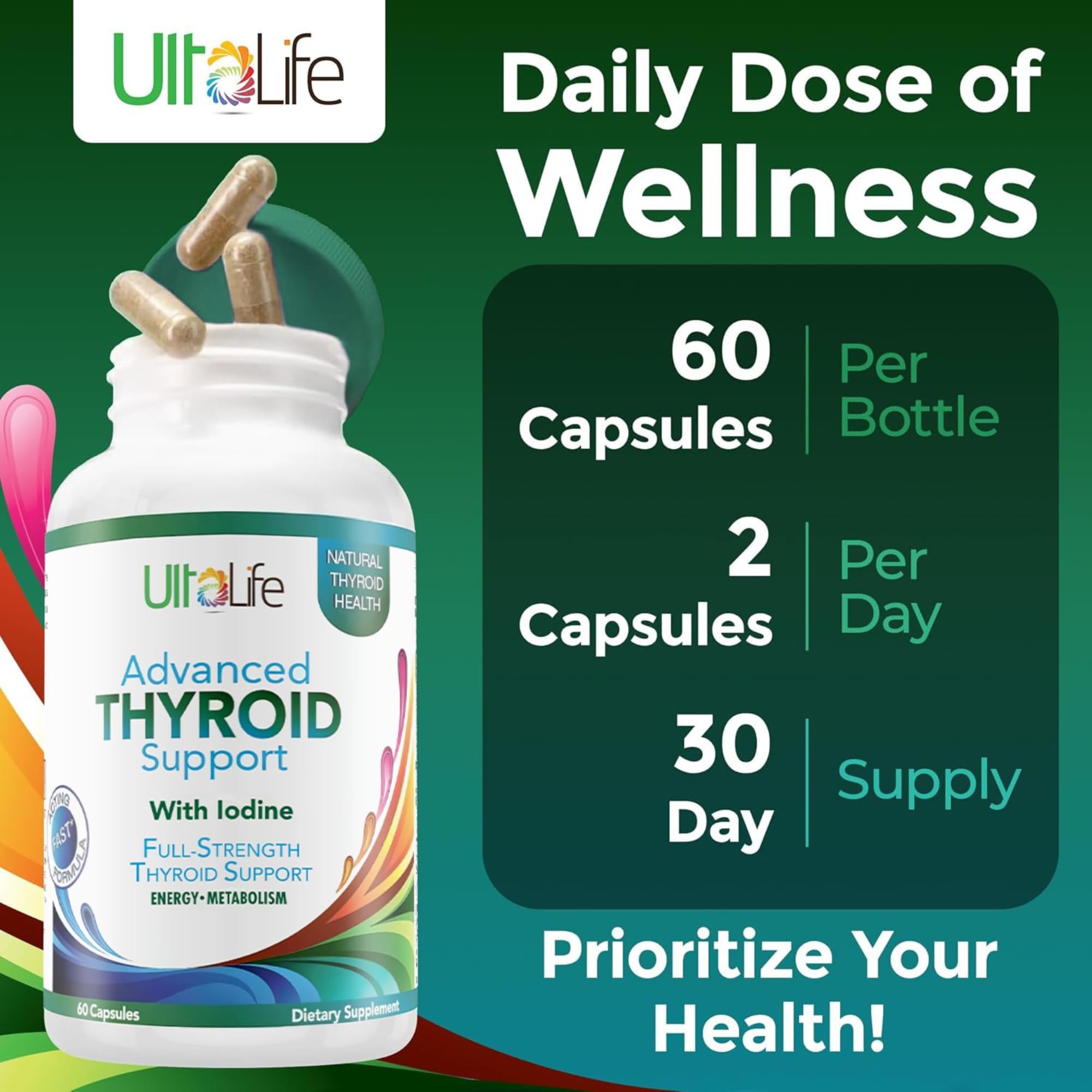 ULTALIFE Thyroid Support Supplement bottle with a measuring spoon