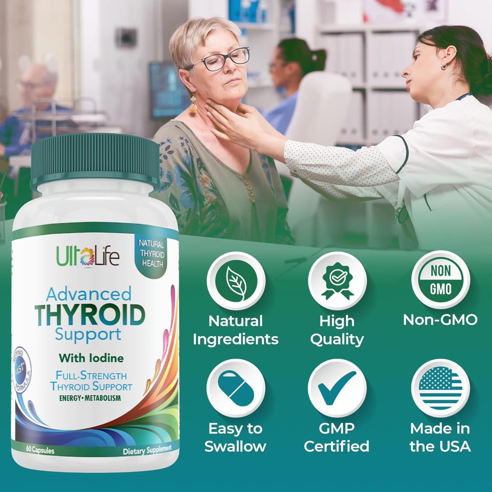 ULTALIFE Thyroid Support Supplement capsules in a hand