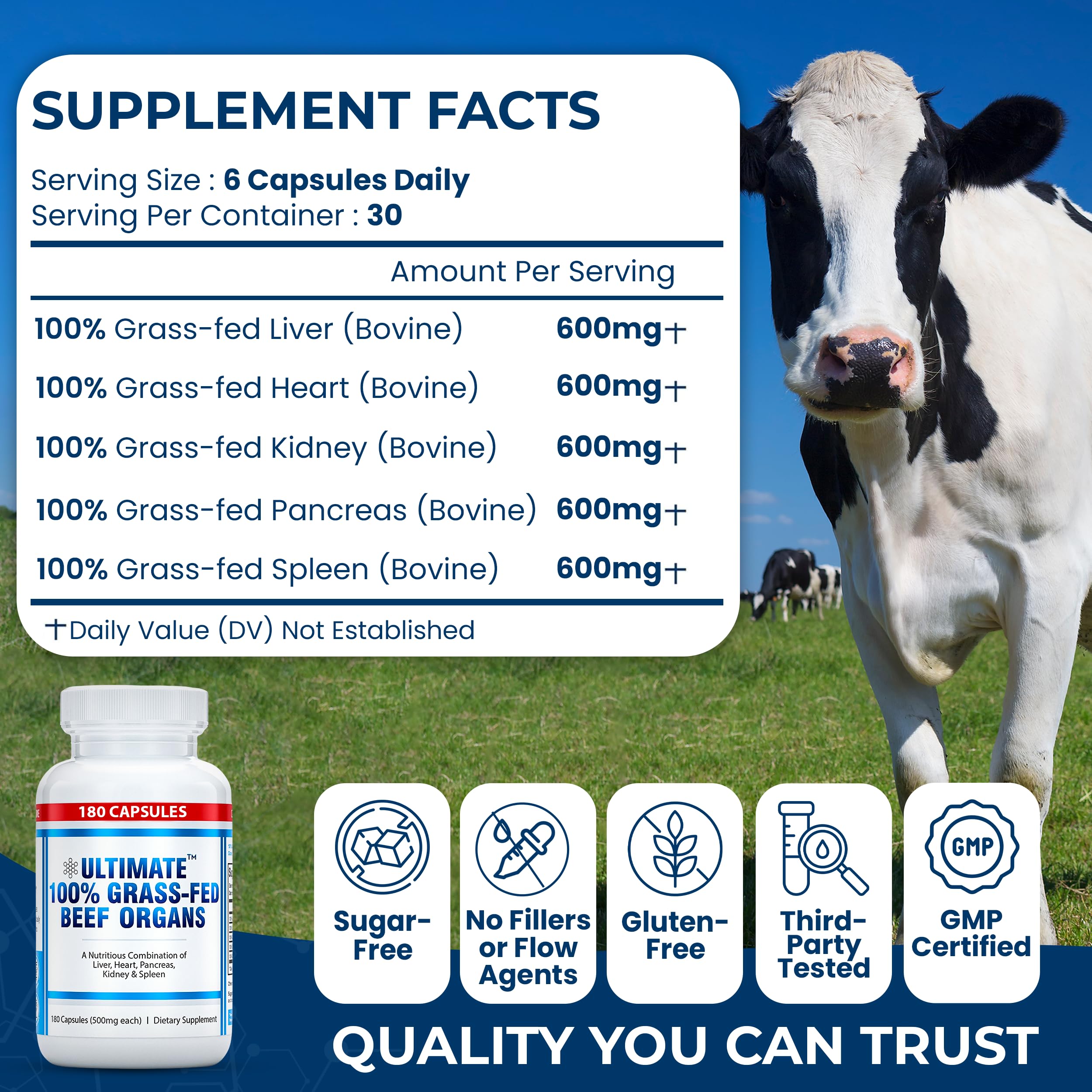 Ultimate Liver Extracts Supplement 600mg grass-fed liver capsules side view