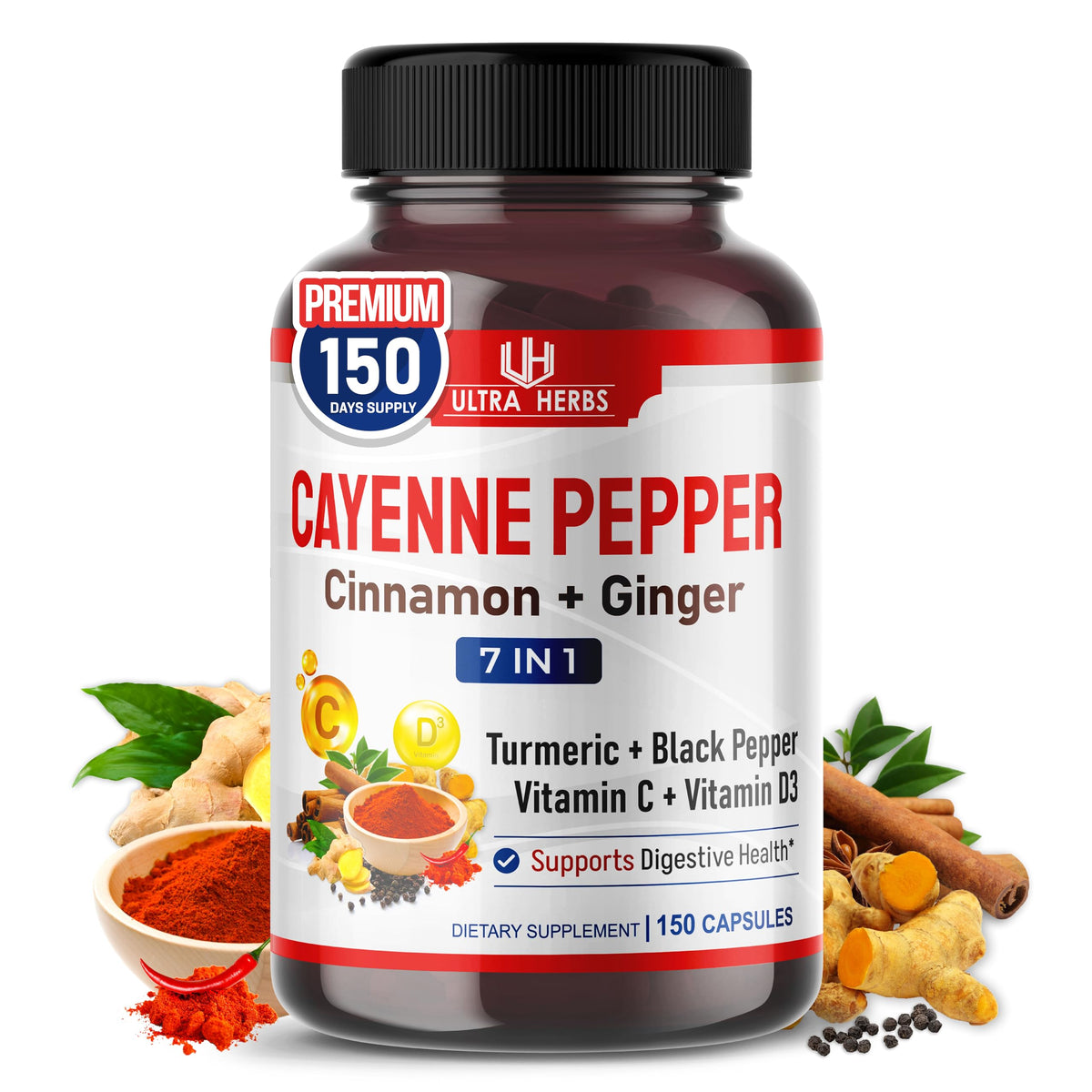 ULTRA HERBS Cayenne Pepper Capsules 150 count front view