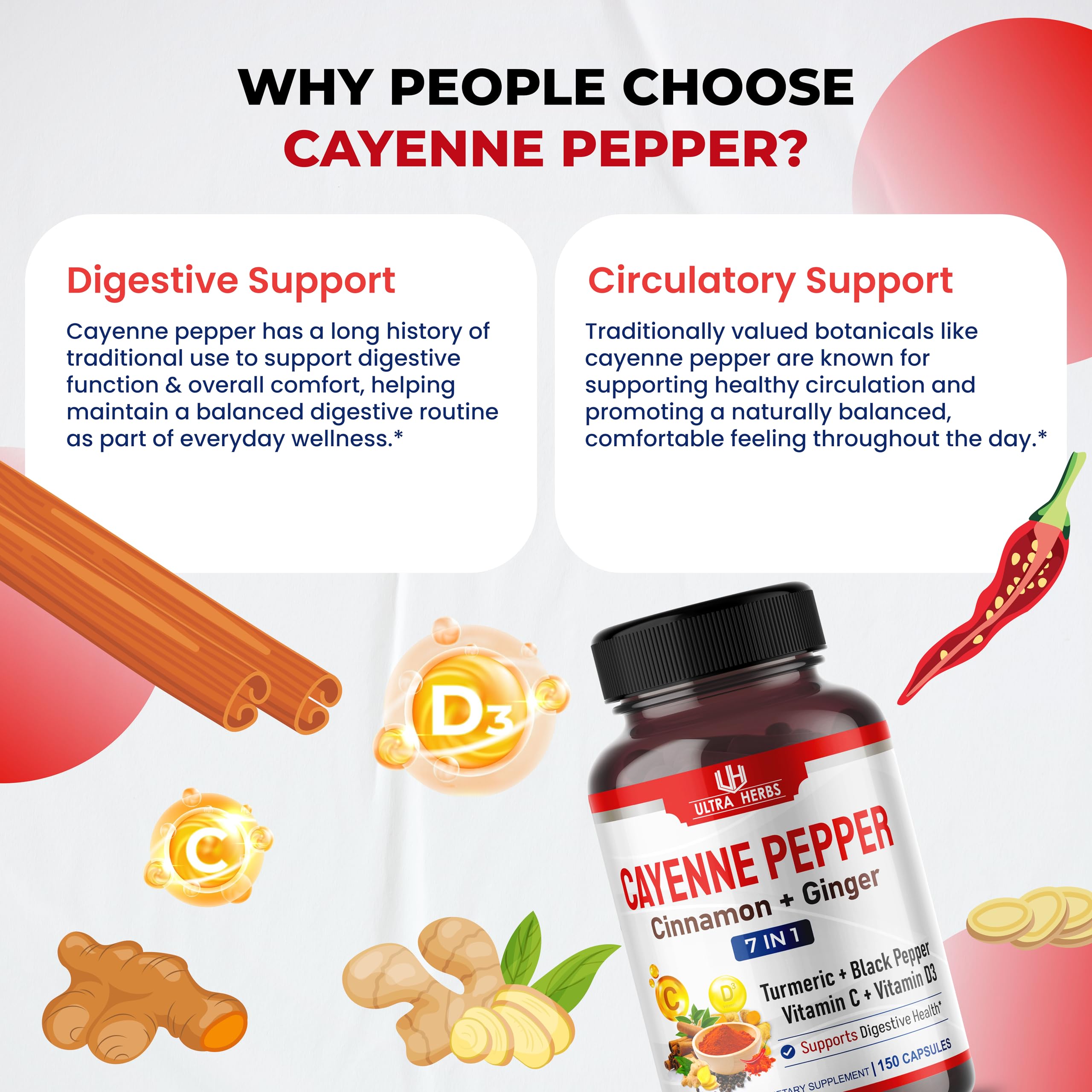 ULTRA HERBS Cayenne Pepper Capsules on a wooden table