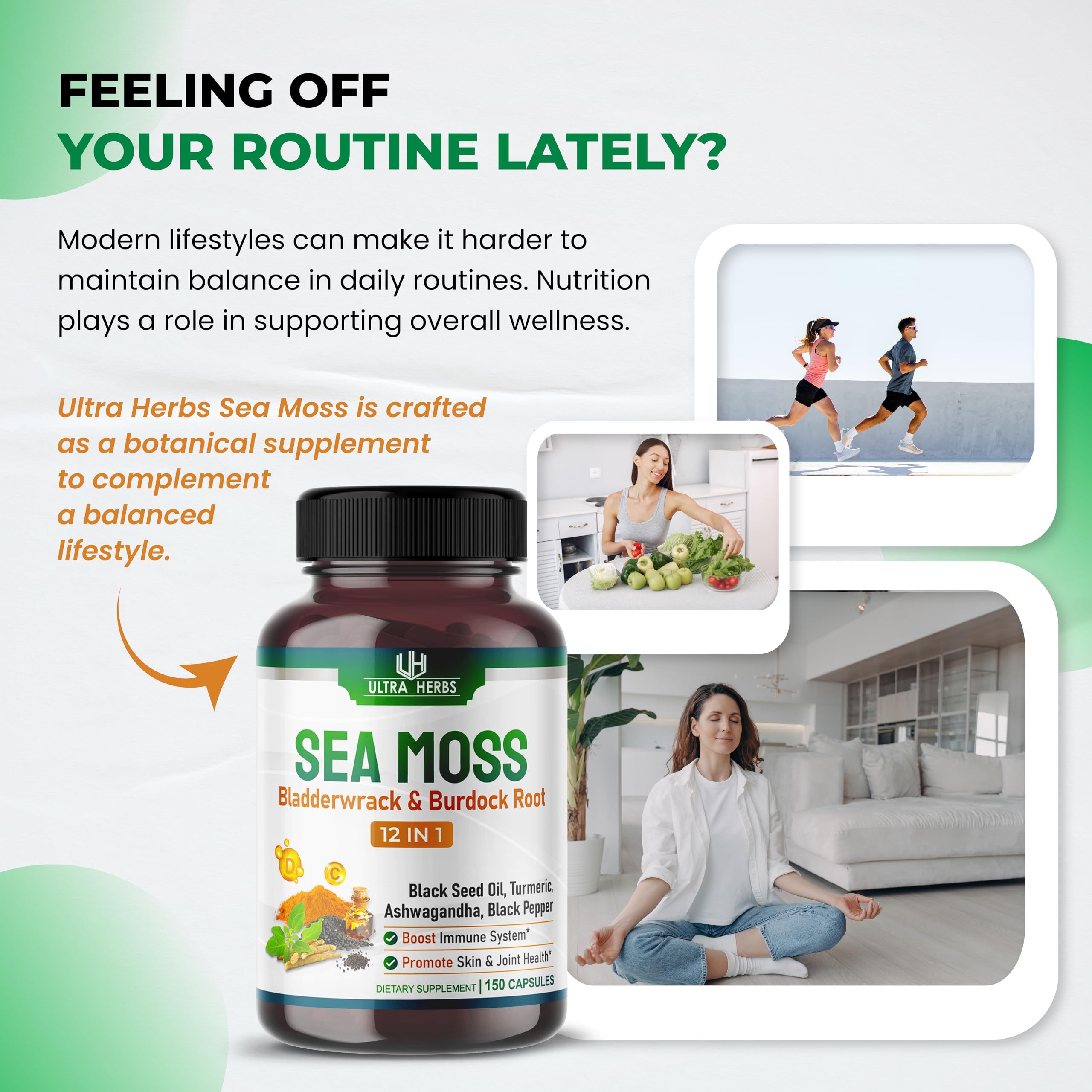 ULTRA HERBS Sea Moss Supplement capsules on a wooden table