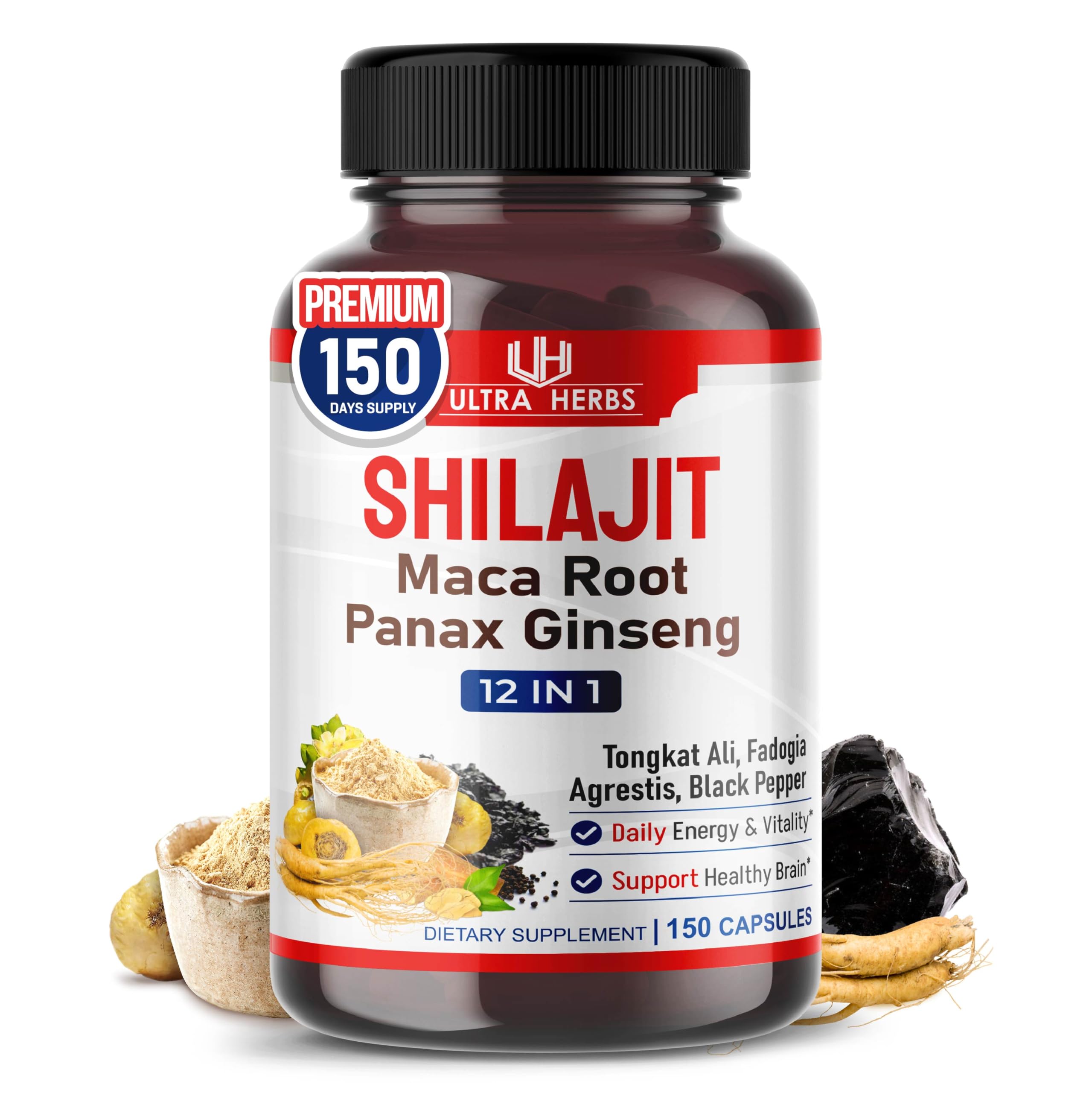 ULTRA HERBS Shilajit Supplement bottle front view with 150 capsules