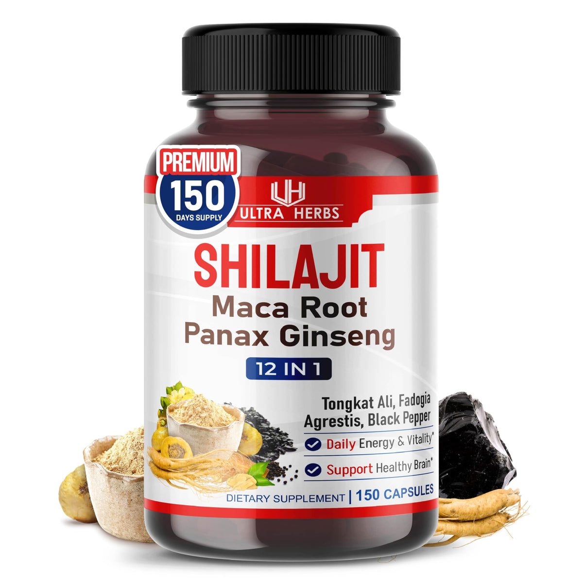 ULTRA HERBS Shilajit Supplement bottle front view with 150 capsules