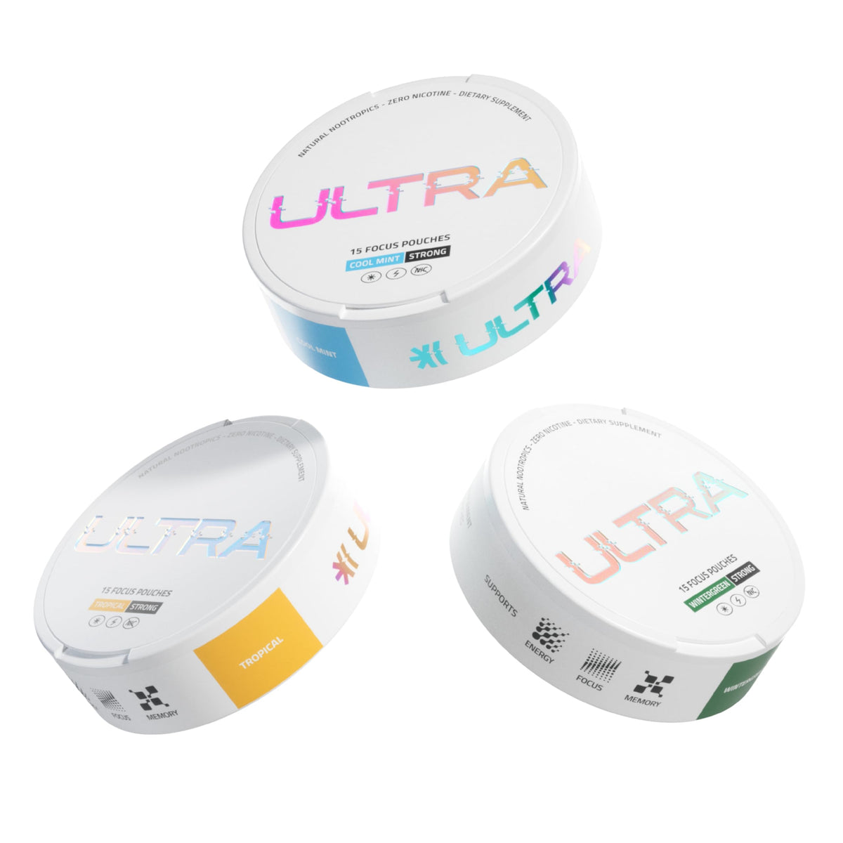 Ultra Pouches Variety Pack front view with Wintergreen, Cool Mint, and Tropical flavours