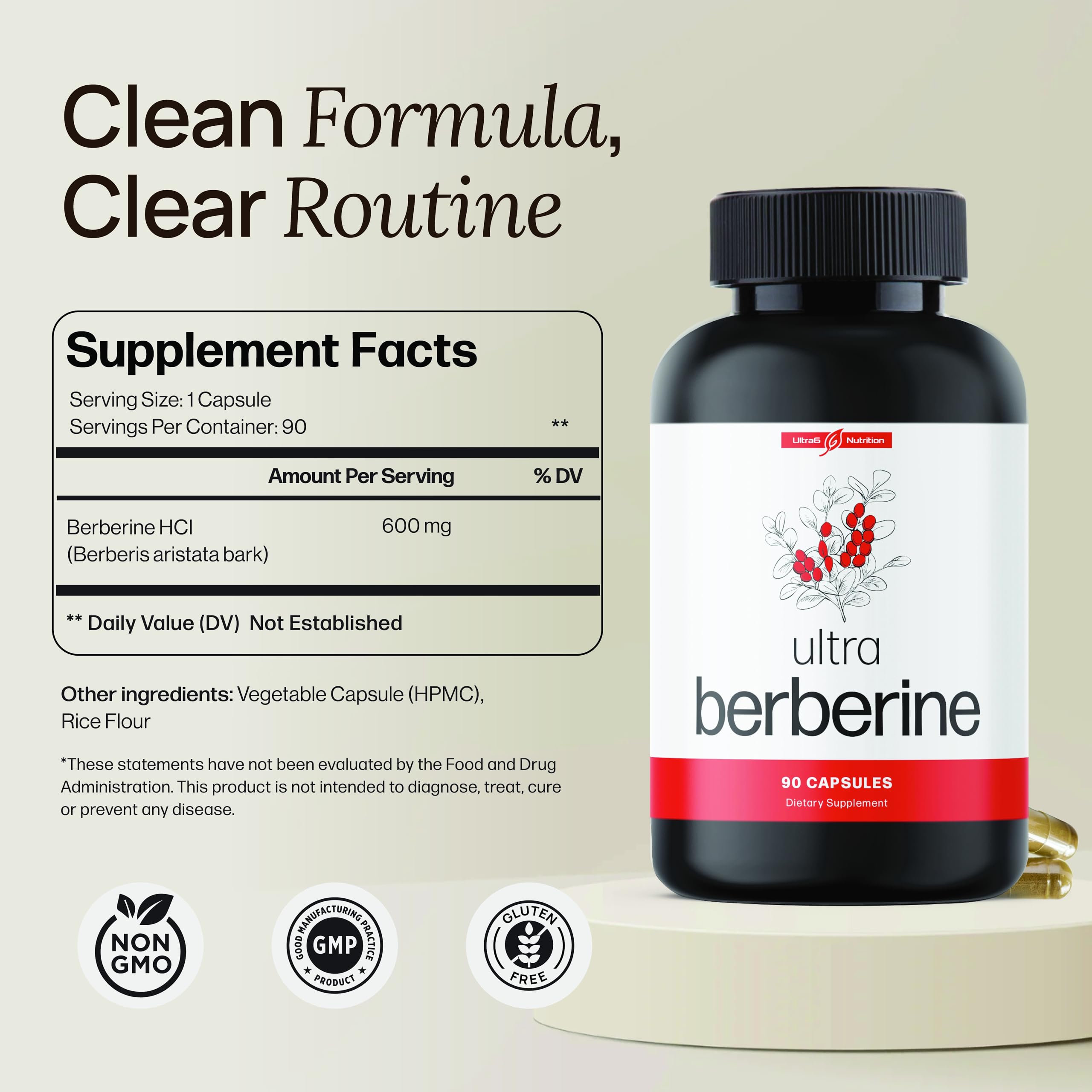 Ultra6 Nutrition Berberine HCl Capsules 600mg nutritional information