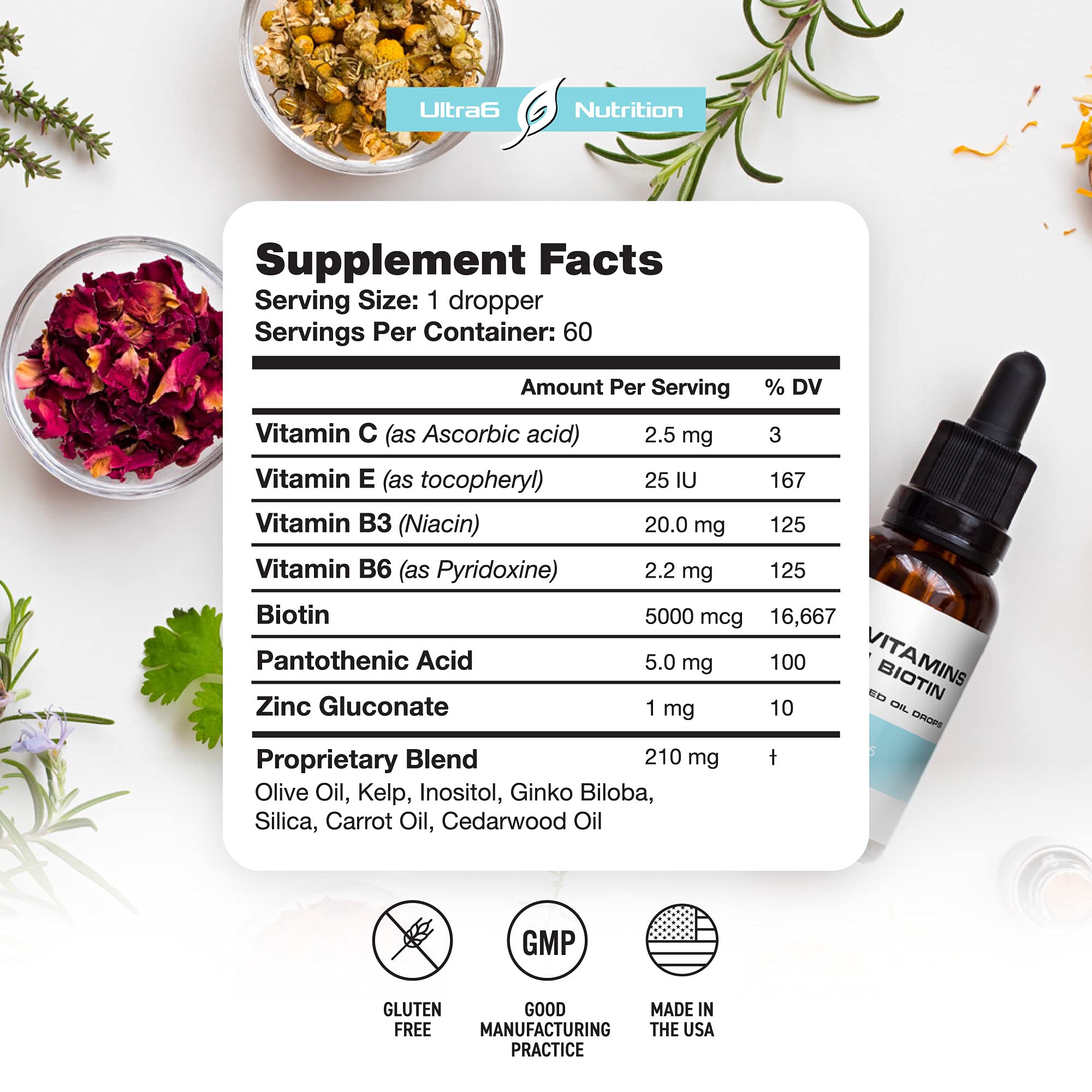 Ultra6 Nutrition Biotin Oil Drops bottle with coconut oil background