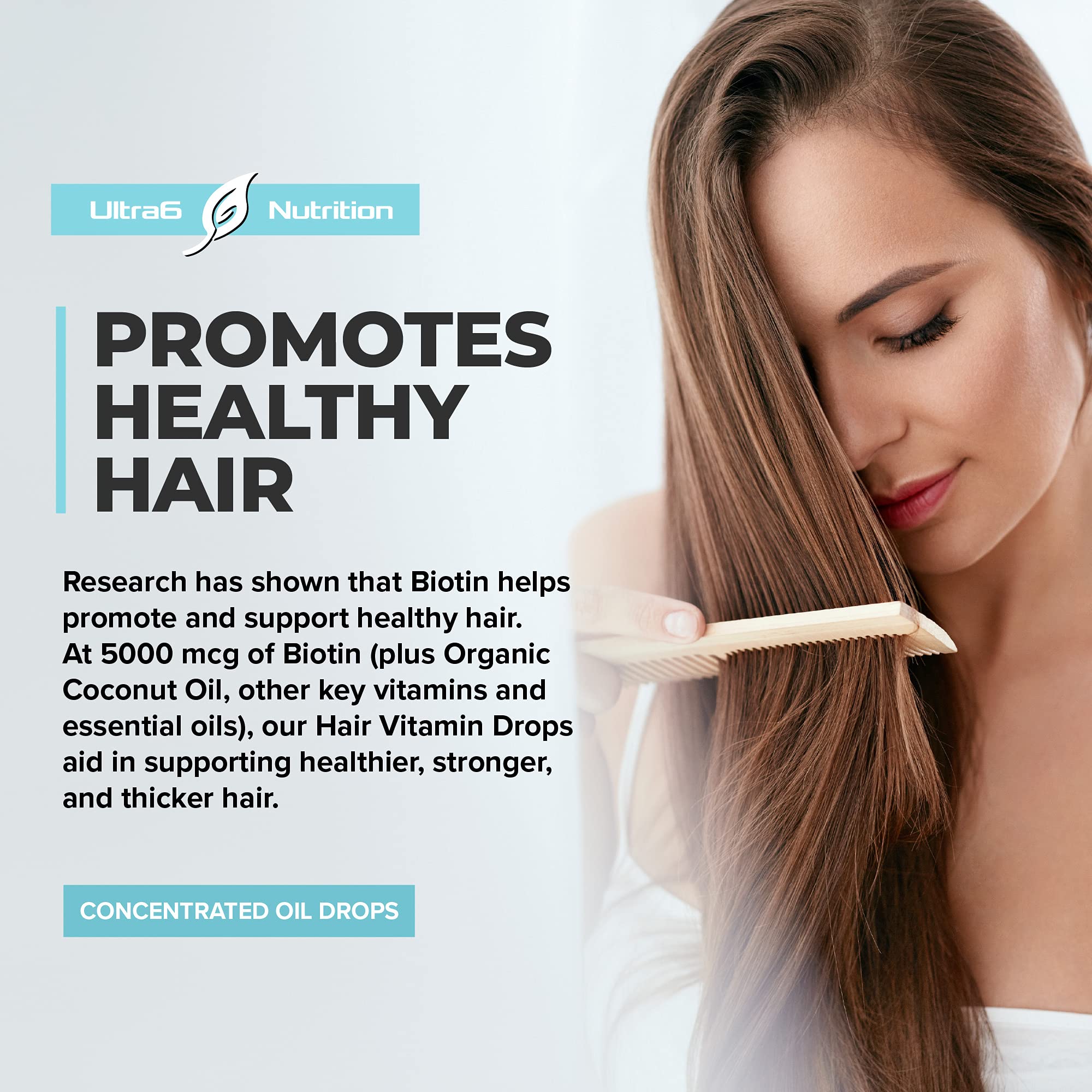 Ultra6 Nutrition Biotin Oil Drops with a measuring spoon