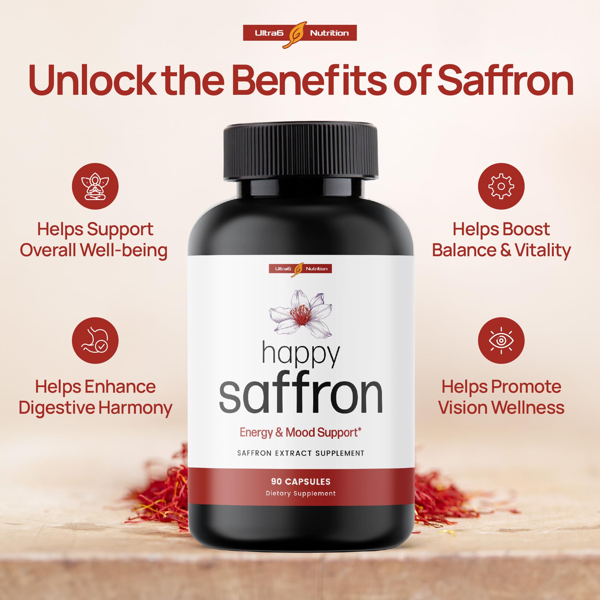 Ultra6 Nutrition Saffron Extract Capsules on a wooden table