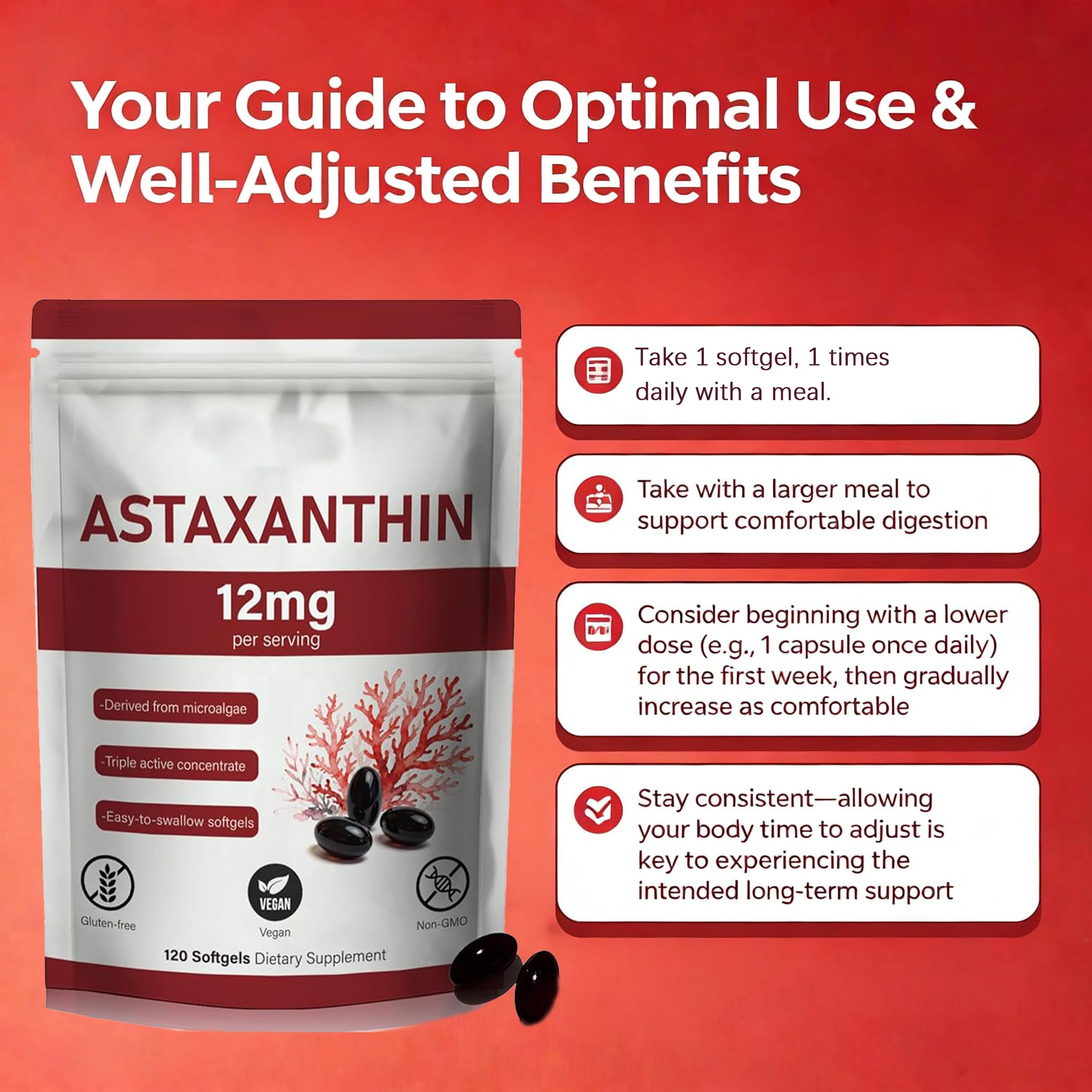 Umizze Astaxanthin Softgels 12mg on a wooden table