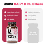 UMZU B-Complex supplement bottle with a green plant background