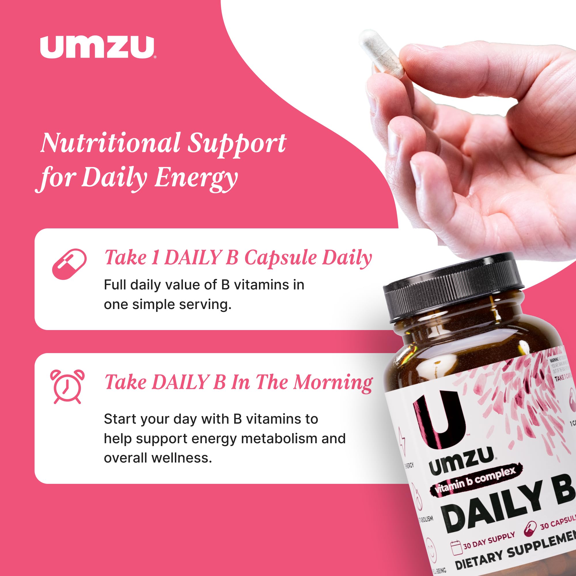 UMZU B-Complex supplement capsules in a glass