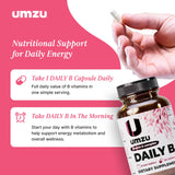 UMZU B-Complex supplement capsules in a glass