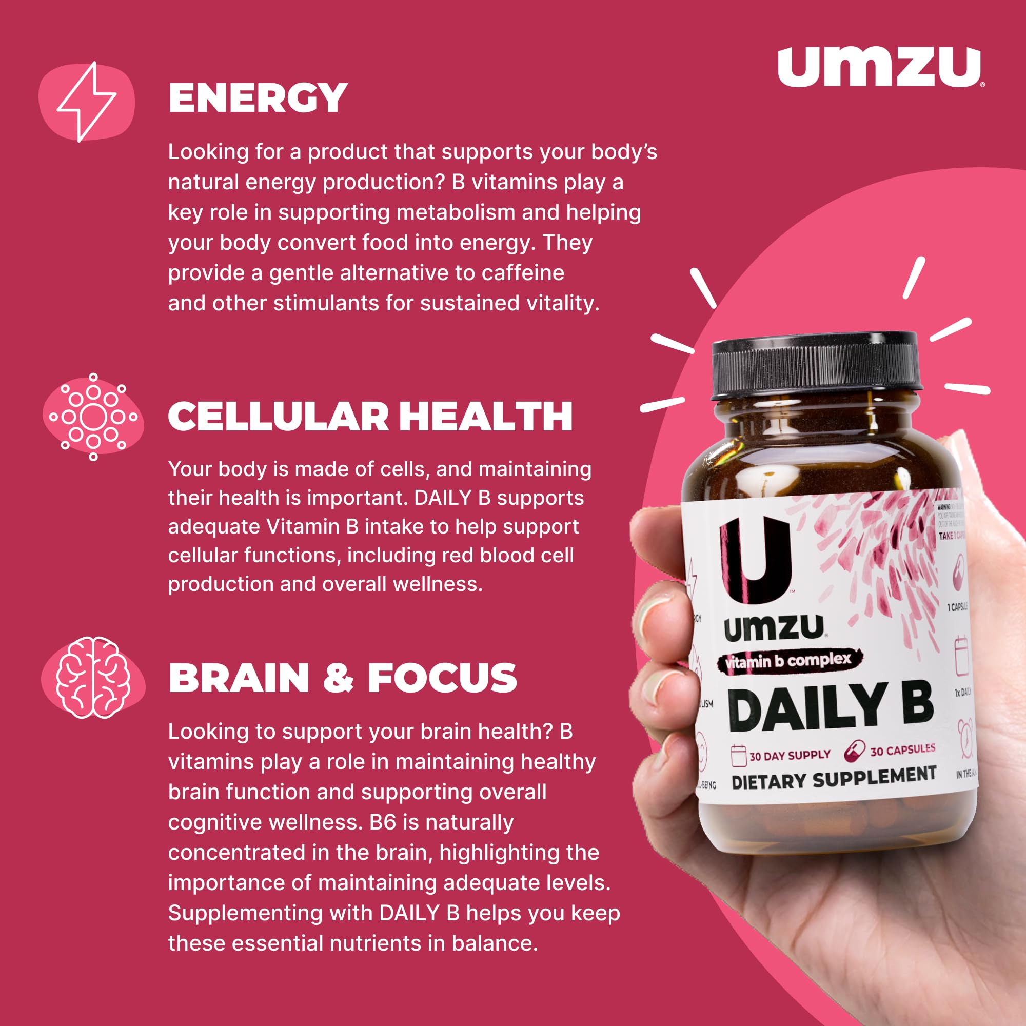 UMZU B-Complex supplement capsules on a wooden surface