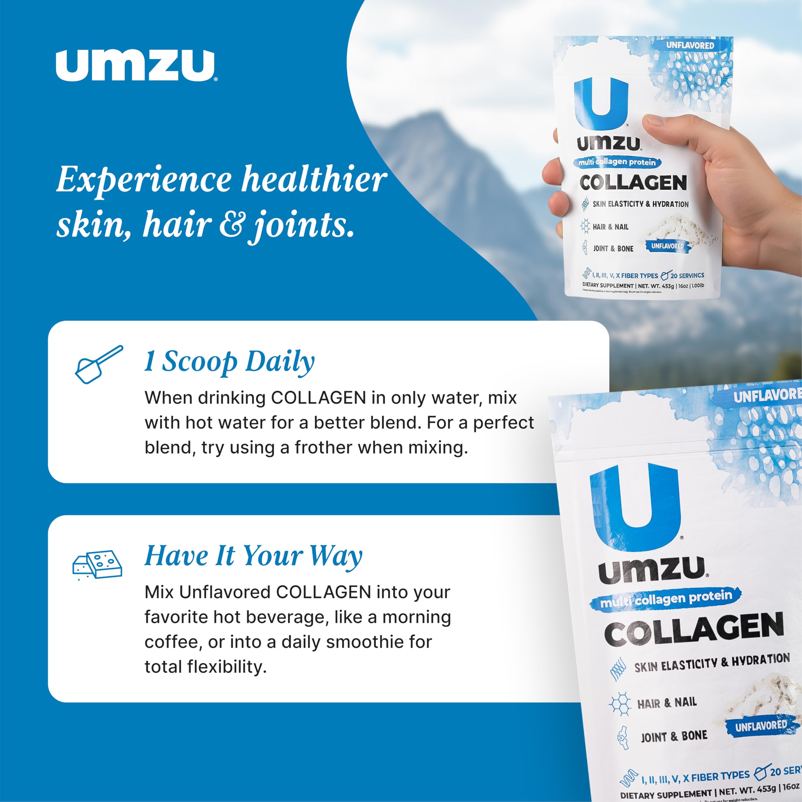 UMZU Collagen Powder chocolate flavour scoop in a glass