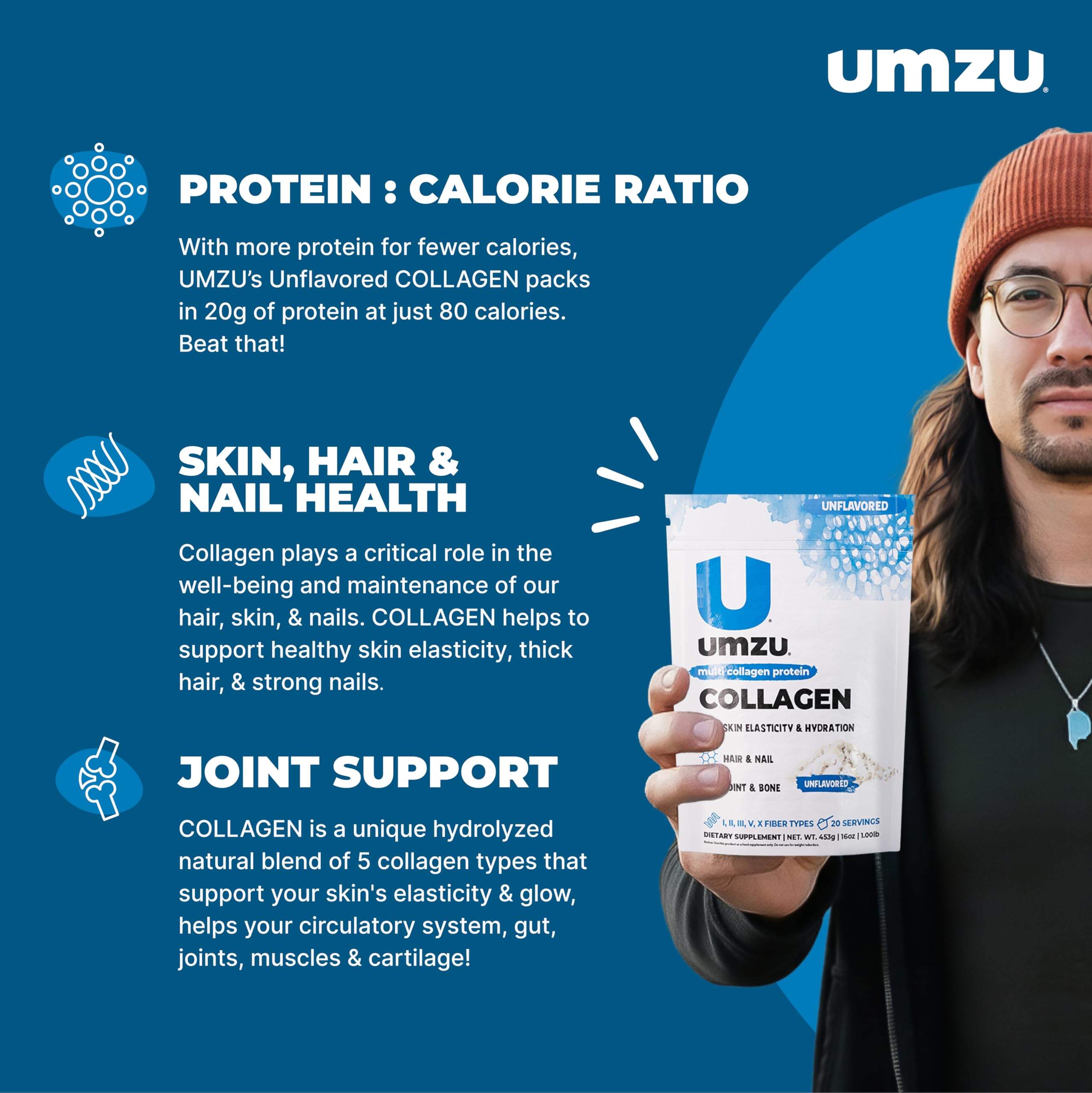 UMZU Collagen Powder unflavoured scoop in a glass