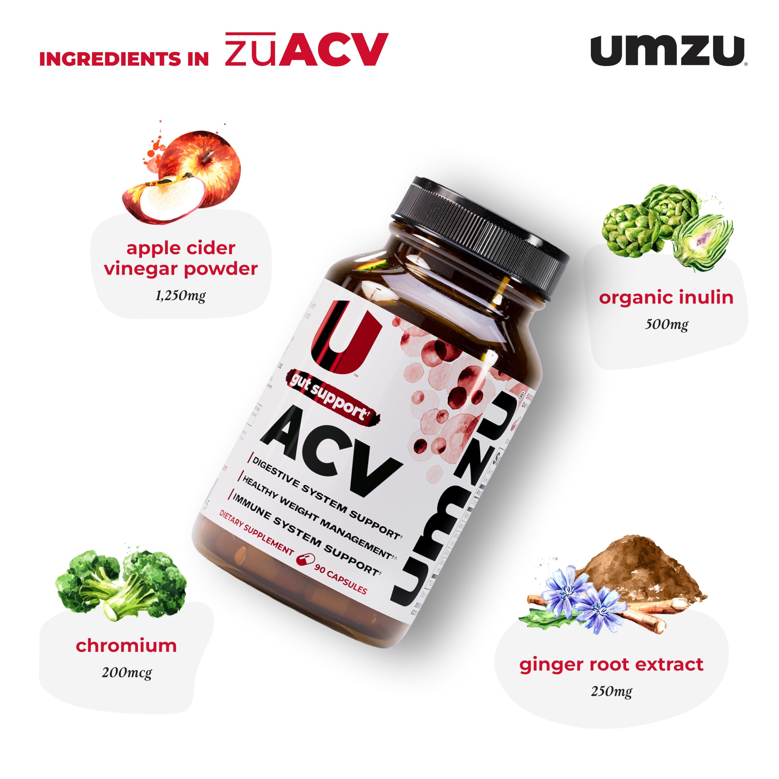 UMZU Prebiotic Apple Cider Vinegar Capsules displayed on a wooden table