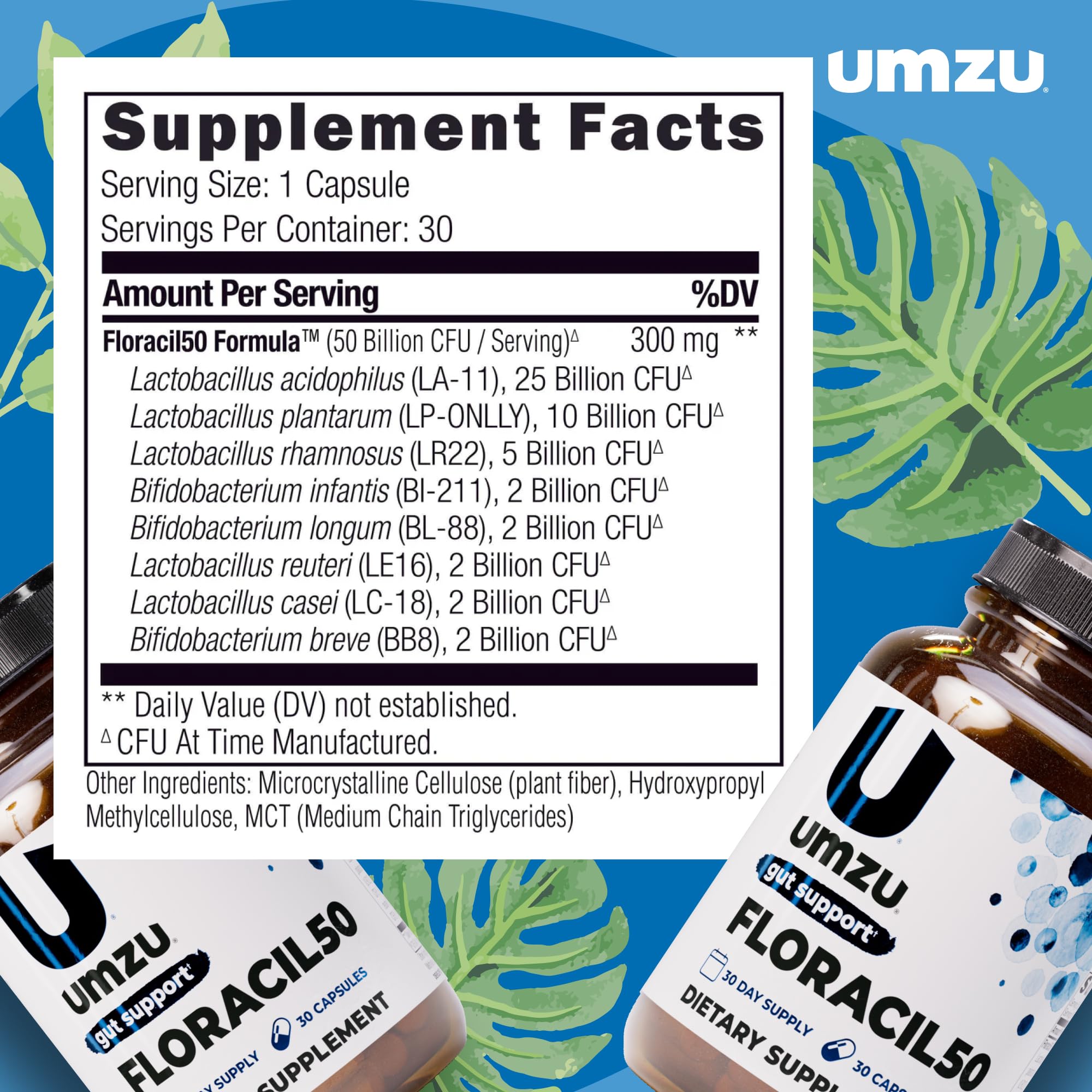 UMZU Probiotic Supplement packaging with ingredient list