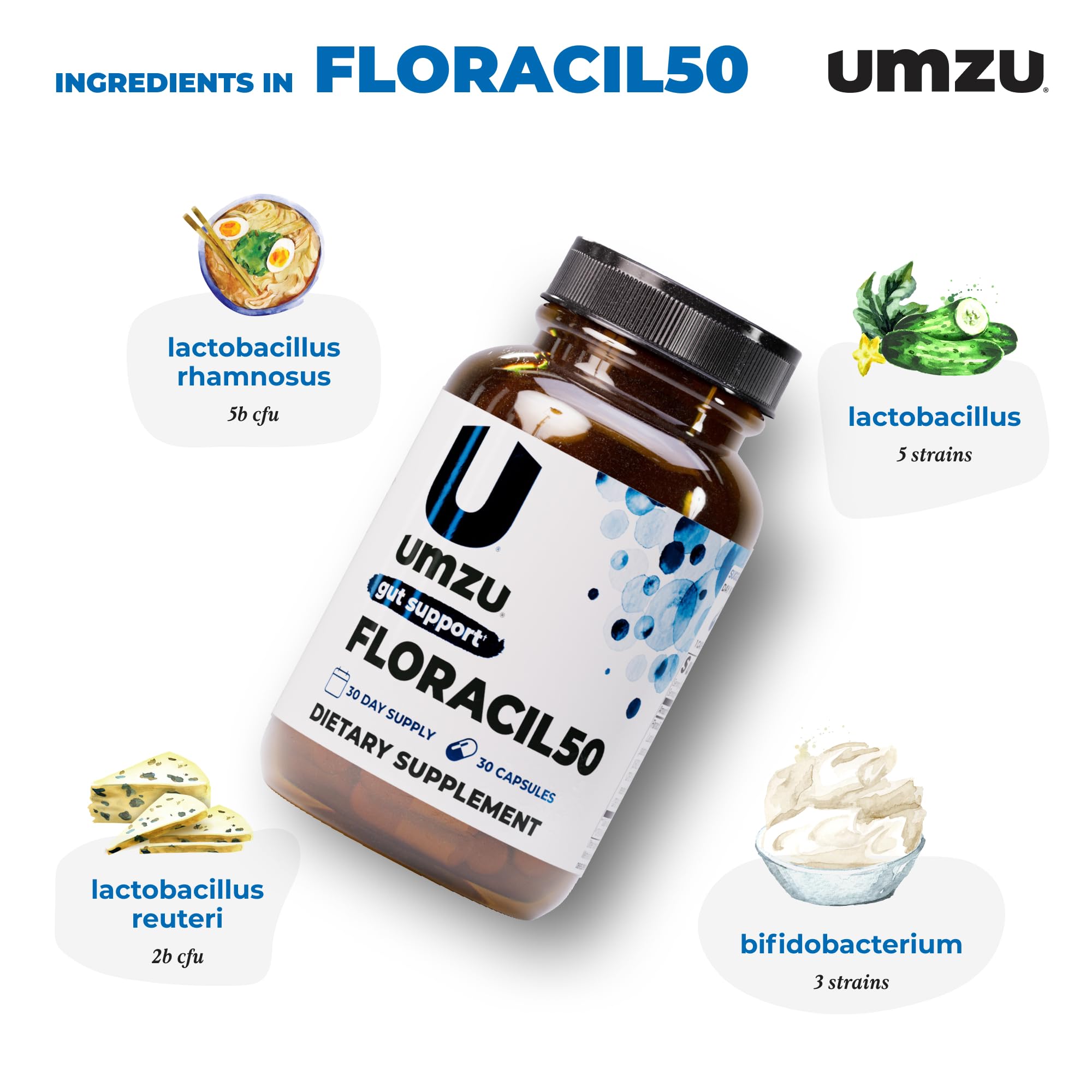 UMZU Probiotic Supplement with 8 probiotic strains highlighted