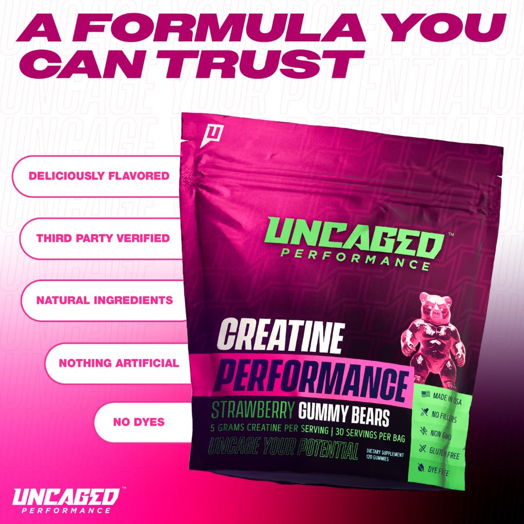 Uncaged Performance Creatine Gummies on a gym bench